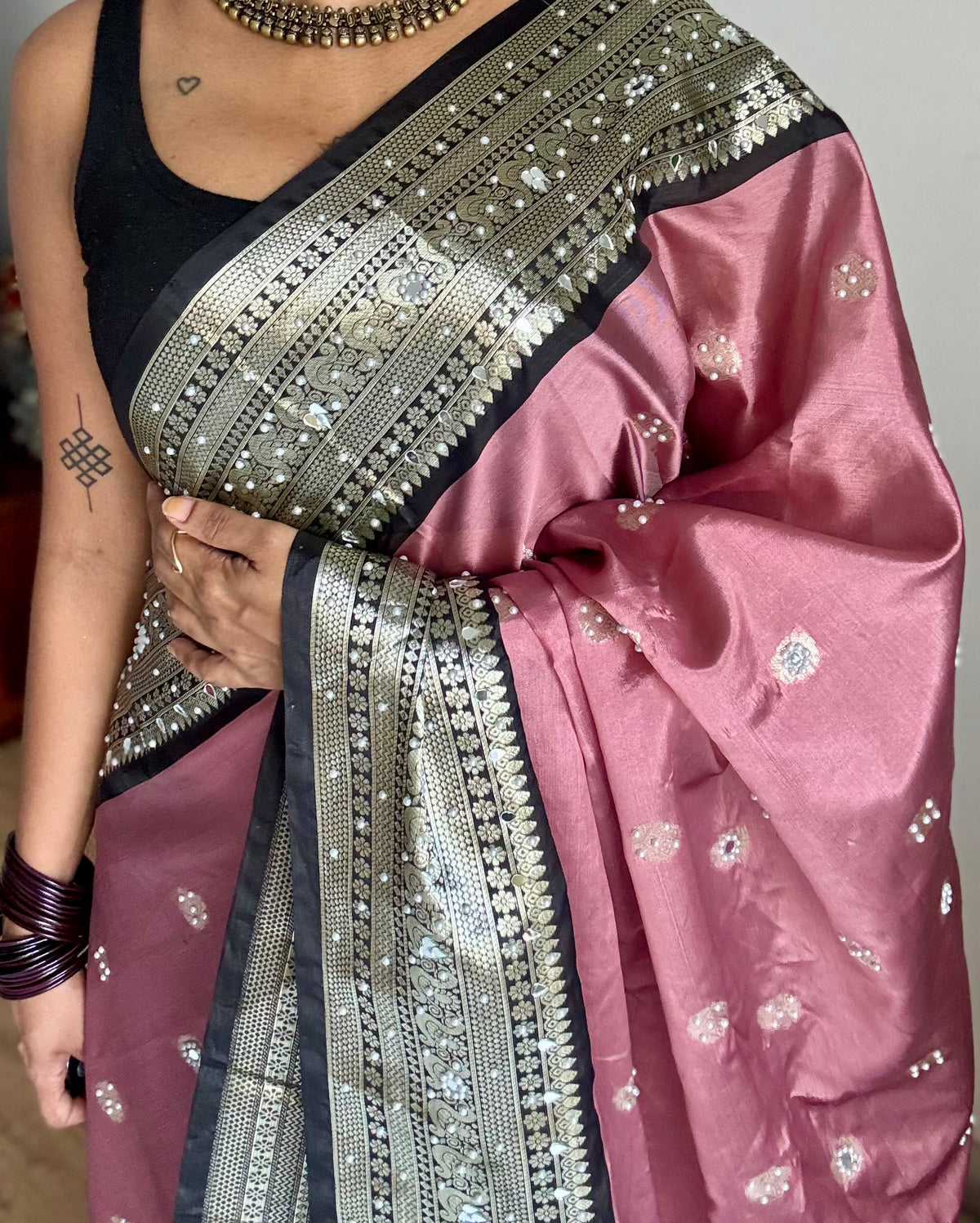 Dusty pink with black silver zari Banarasi semi-katan silk saree with pearl embellishments - YCBLTOC92