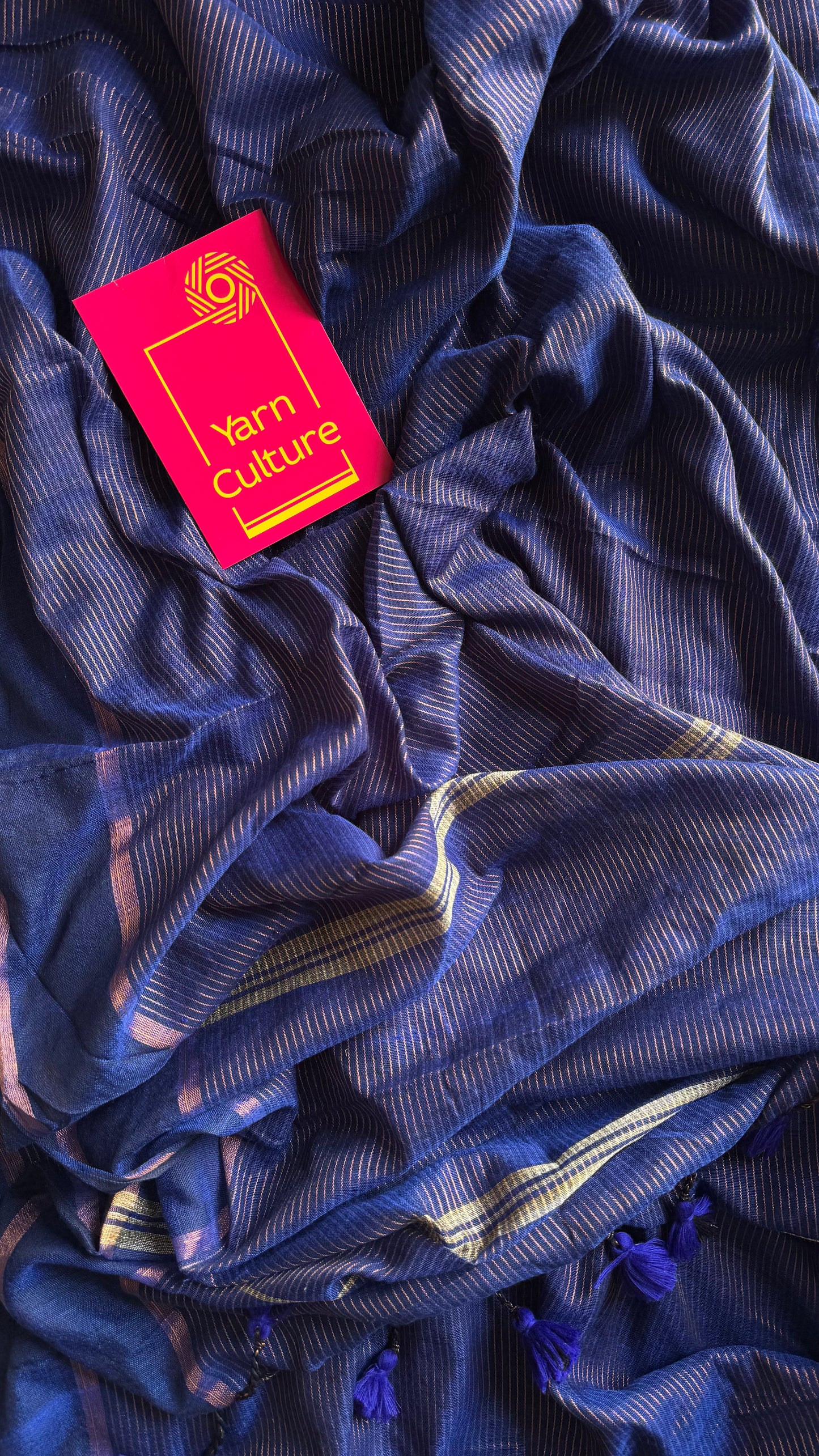 Dark indigo blue, gap border, antique gold zari stripes, soft cotton - YCBCKCZDE122