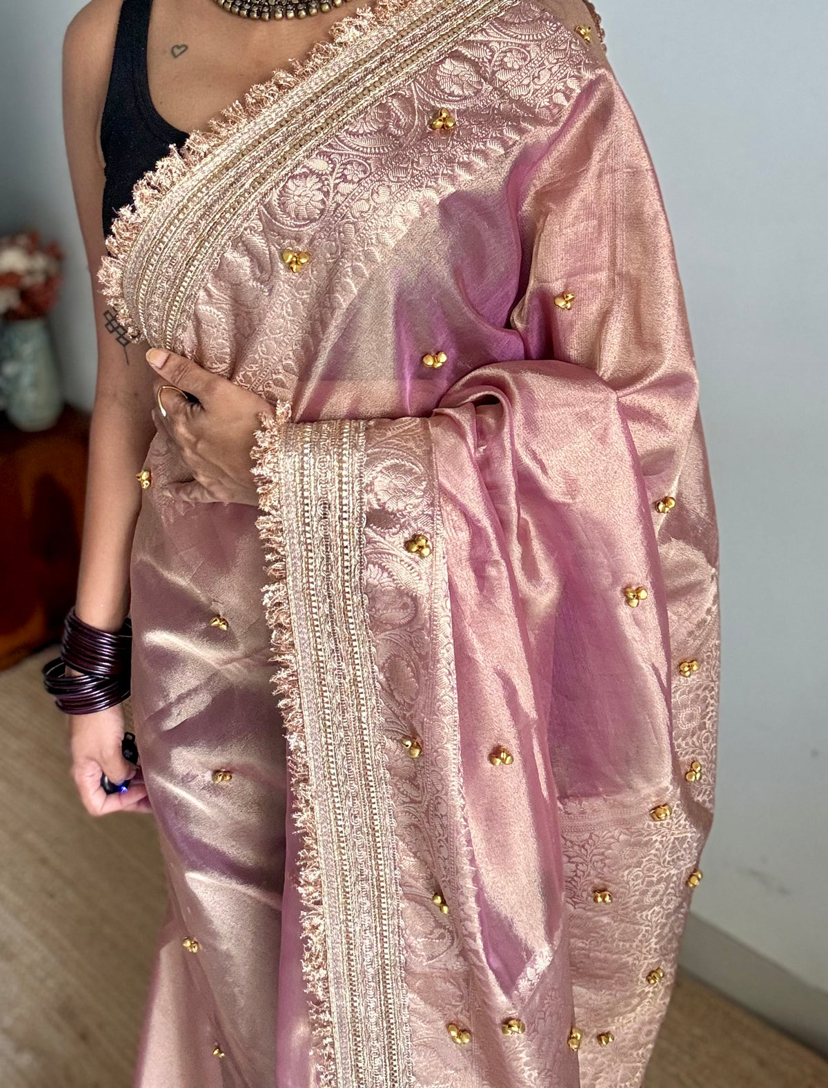 Pink gold tissue Banarasi saree with ghungroo embellishments and zari border - YCBLTOC71