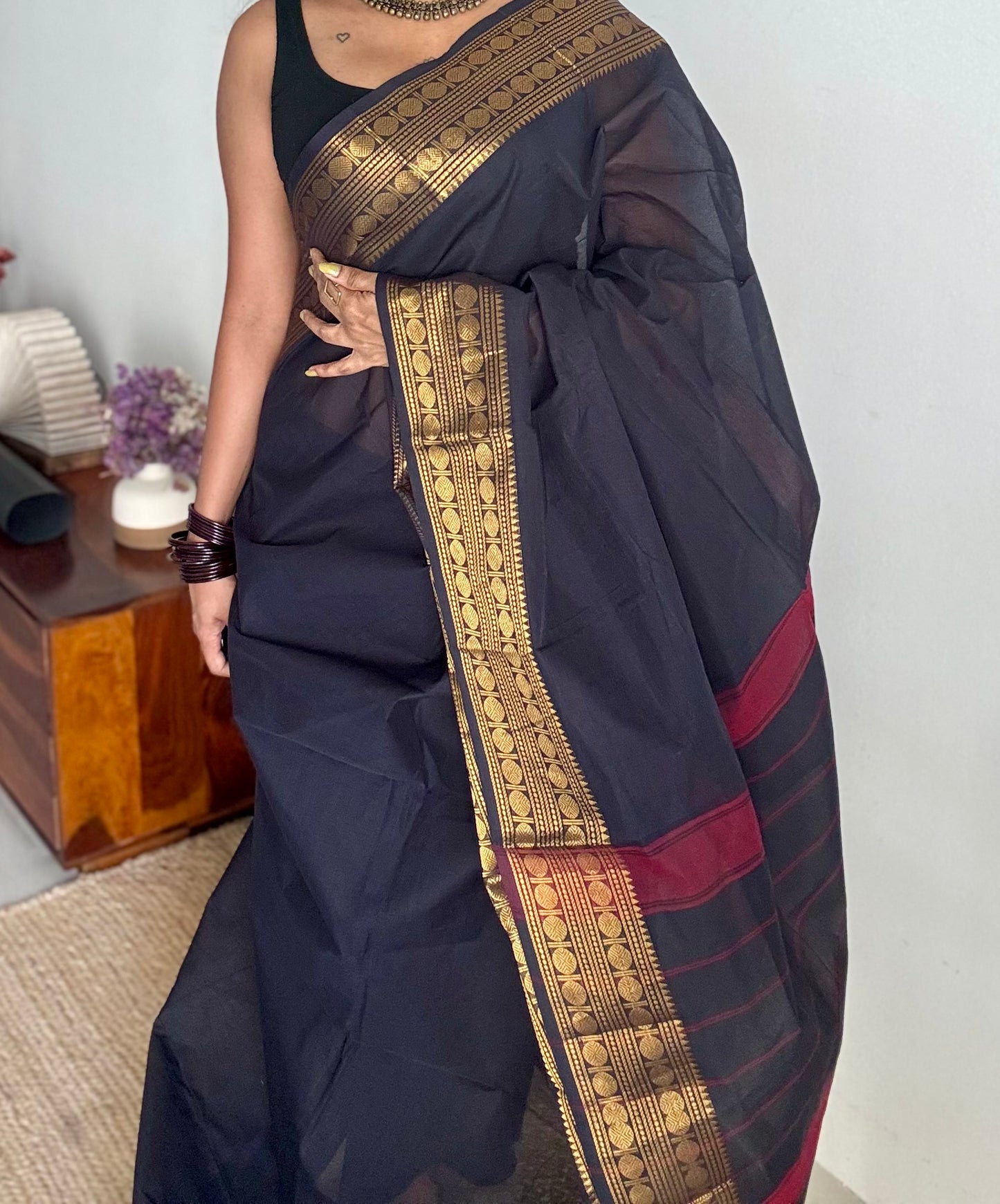 Chettinad cotton saree in black with zari motif border - YCCOTNJUCC08