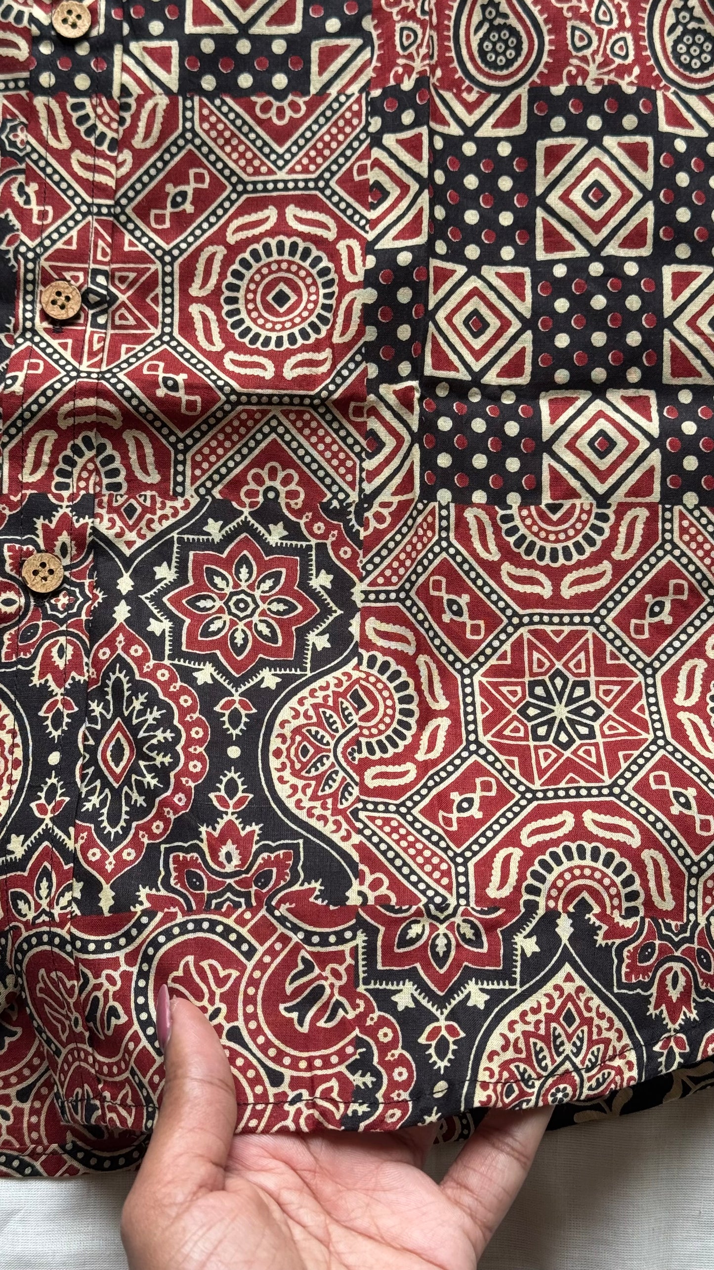 Black Red & White Ajrakh Block Printed Cotton Men's Full Sleeve Collared Shirt -YCMSEIE203