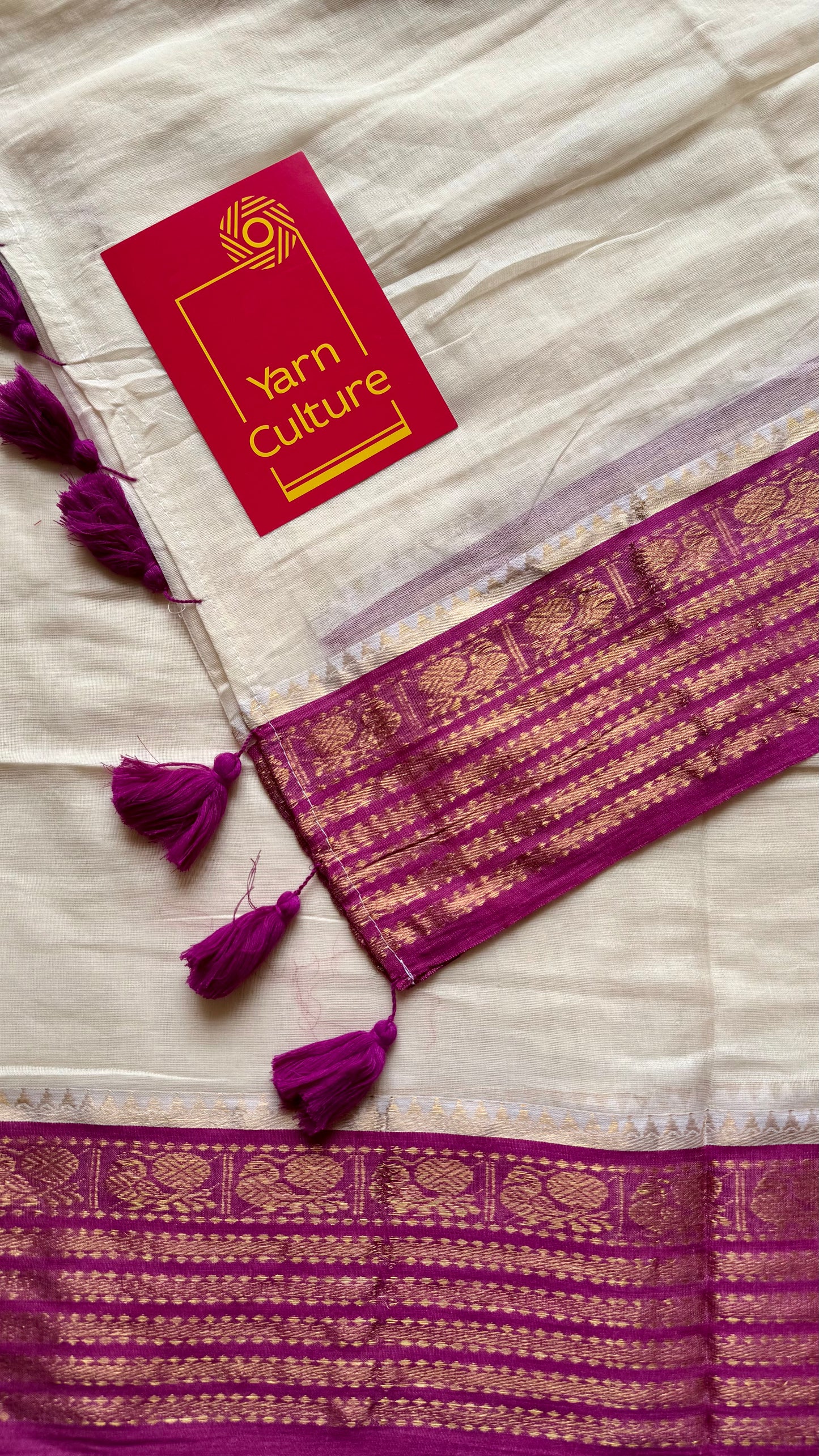 Ivory mul saree, purple pink kanchi border - YCIEON17