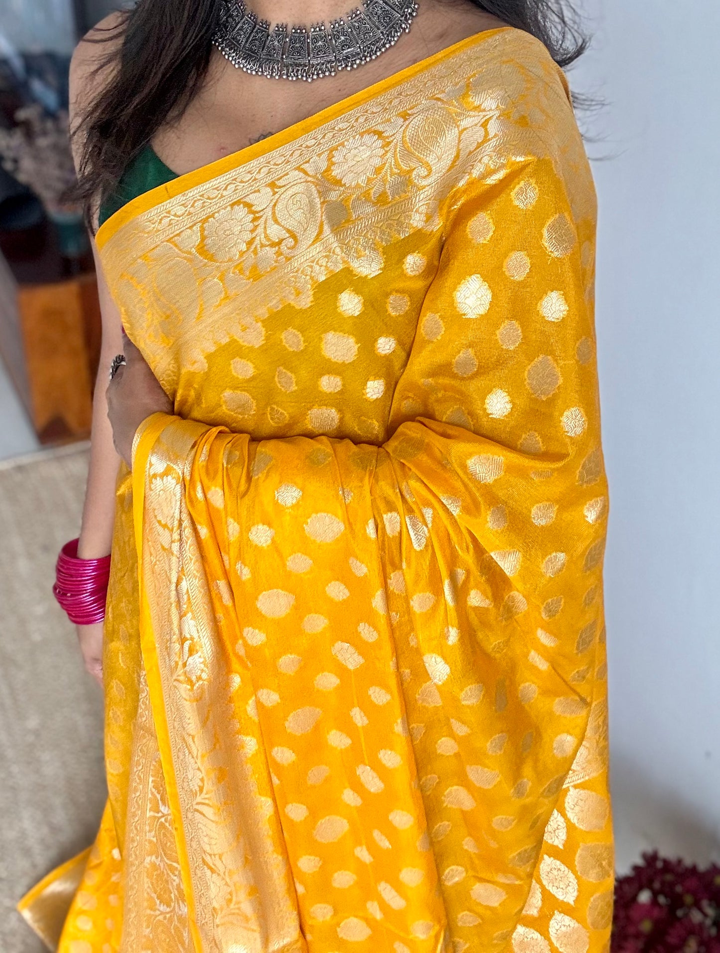Orangish dark yellow, silver buttas and zari, Banarasi semi-silk - YCDESE35