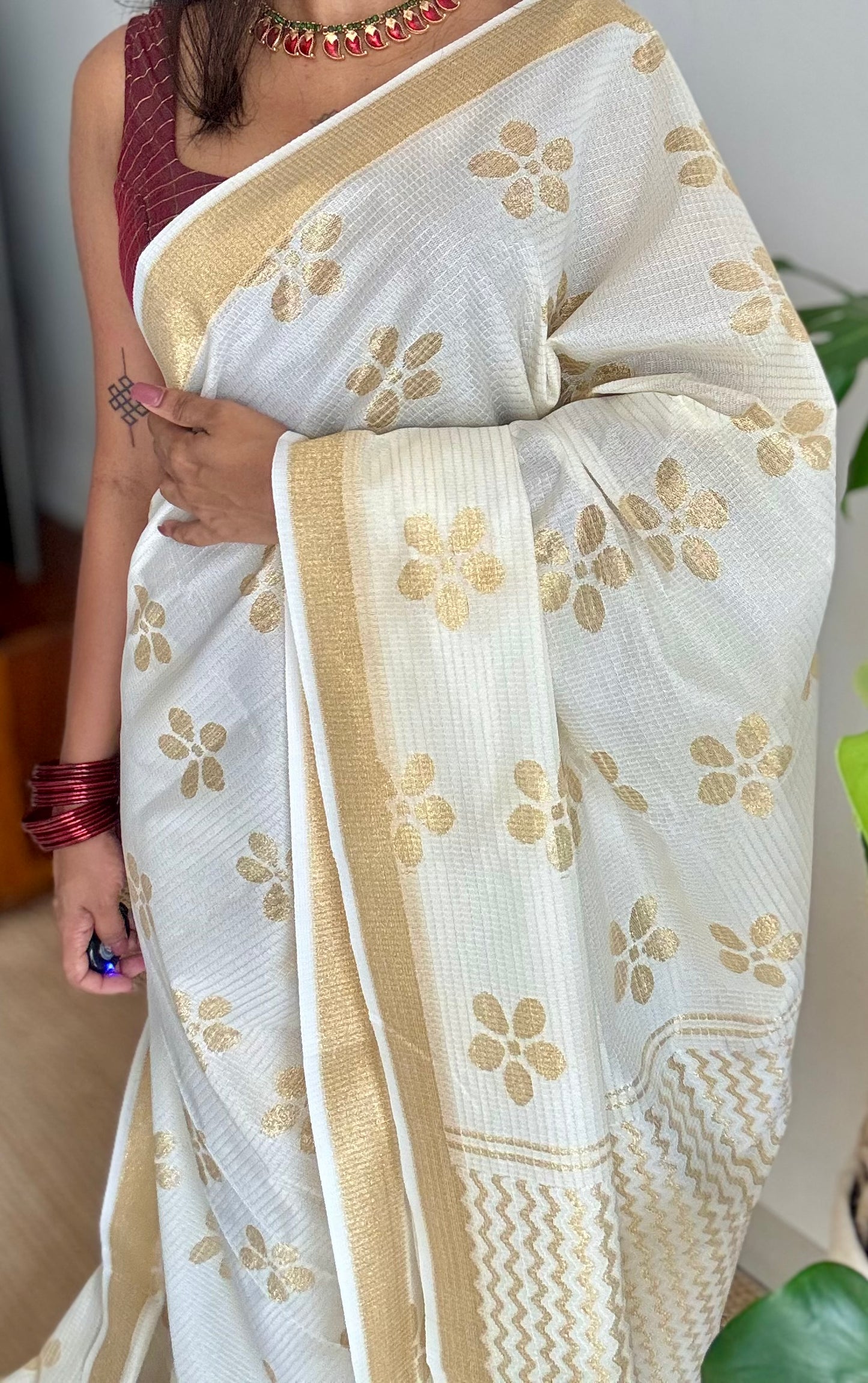 Ivory and gold soft net cotton saree, gold floral prints - YCIEON64