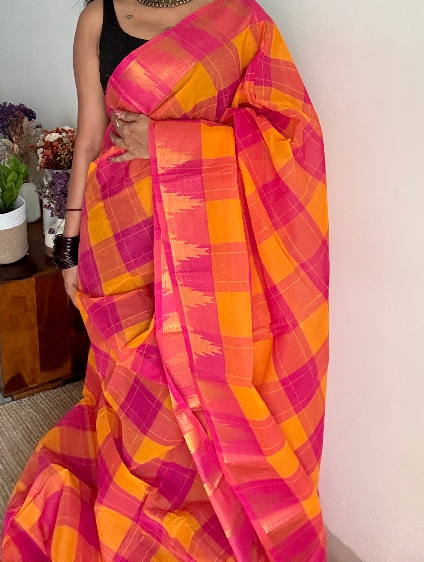 Chettinad cotton saree with yellow and pink checks, temple motif border - YCCOTNAP59