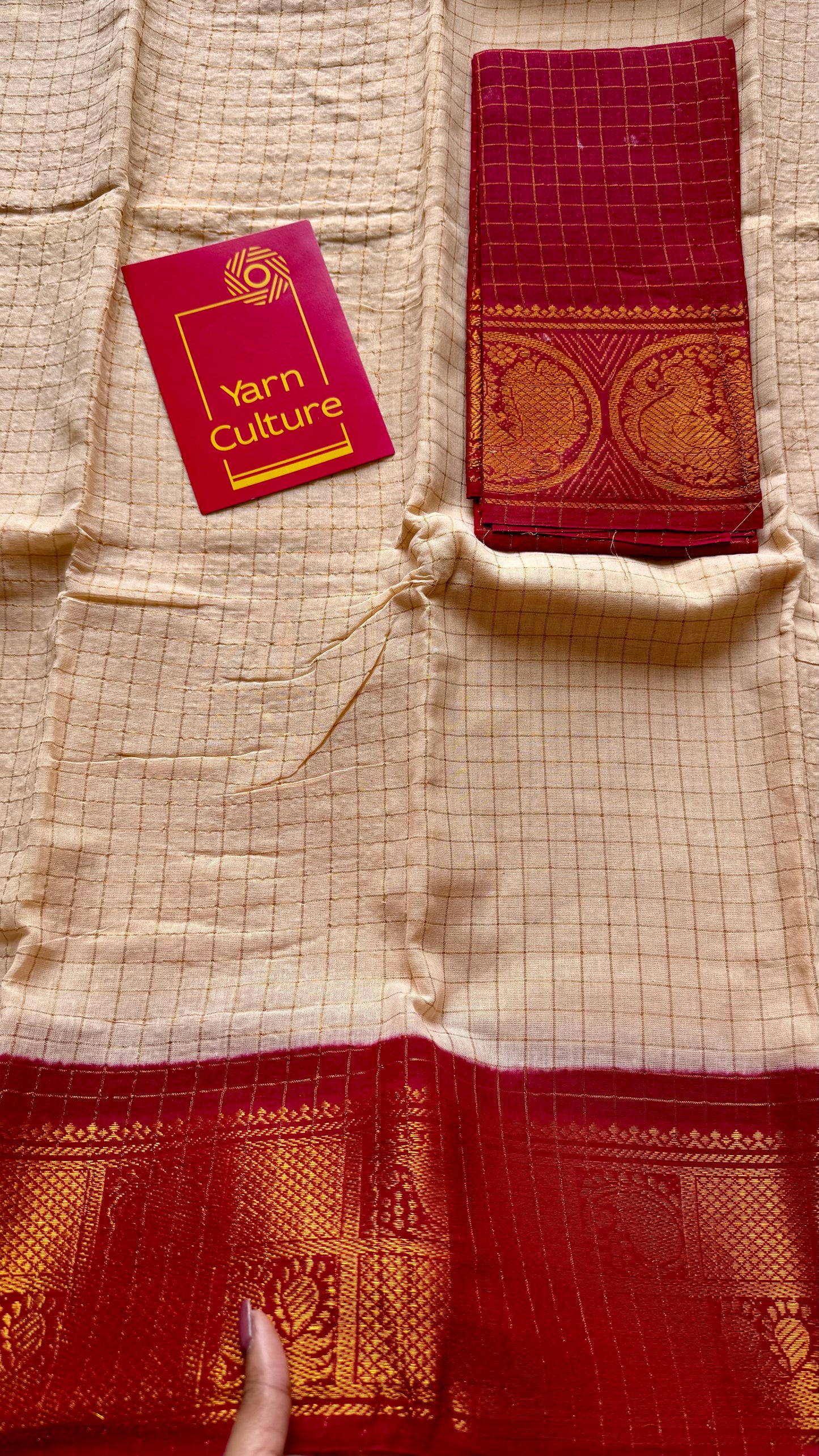 Ivory with red contrast zari checkered sungudi, kattuchayam dyed madurai cotton - YCIEON99
