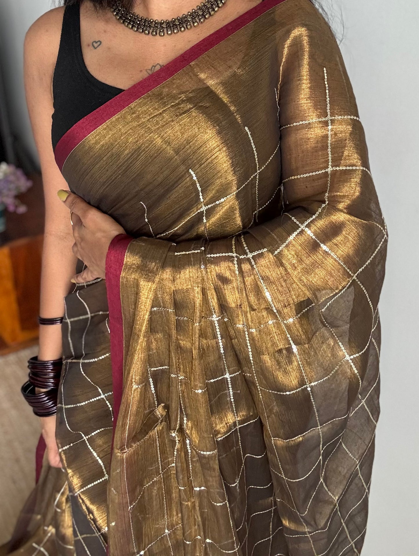 Bronze with maroon border, checkered sequins work, mul tissue - YCBCMCJA12