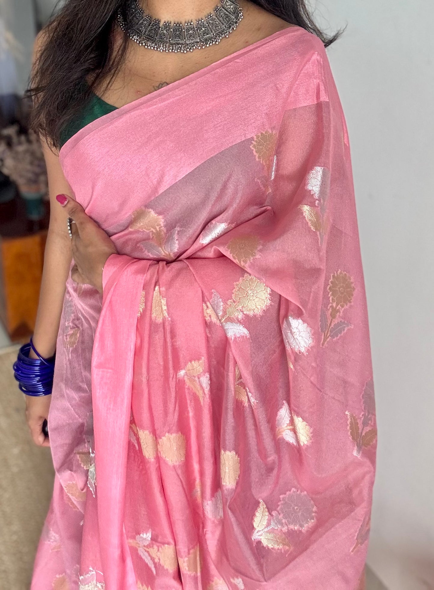 Pink with gold and silver floral buttas, Banarasi semi-crepe silk - YCDESE47