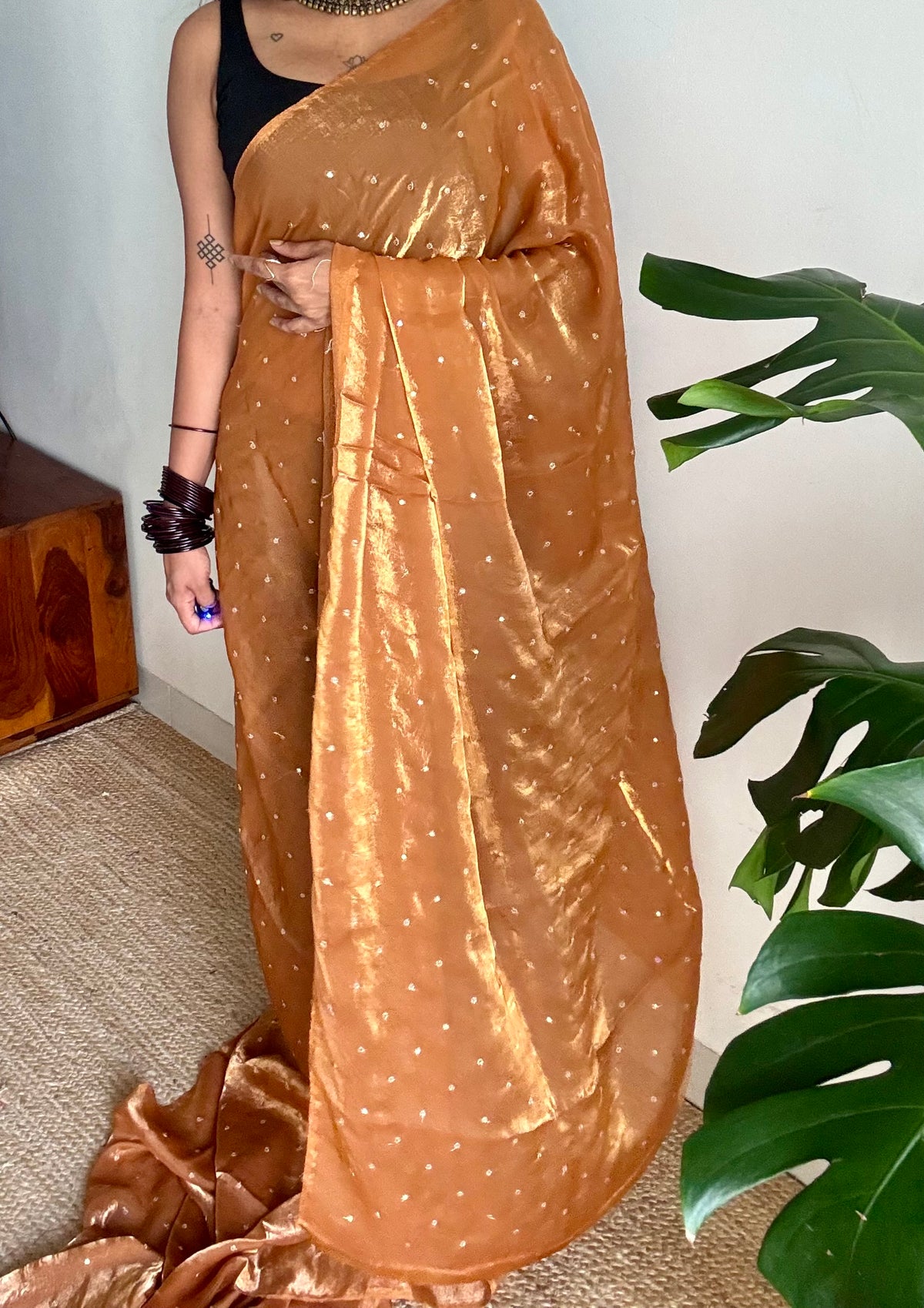 Metallic dual tone space silk saree, sandal gold with sequins - YCDOSOC47