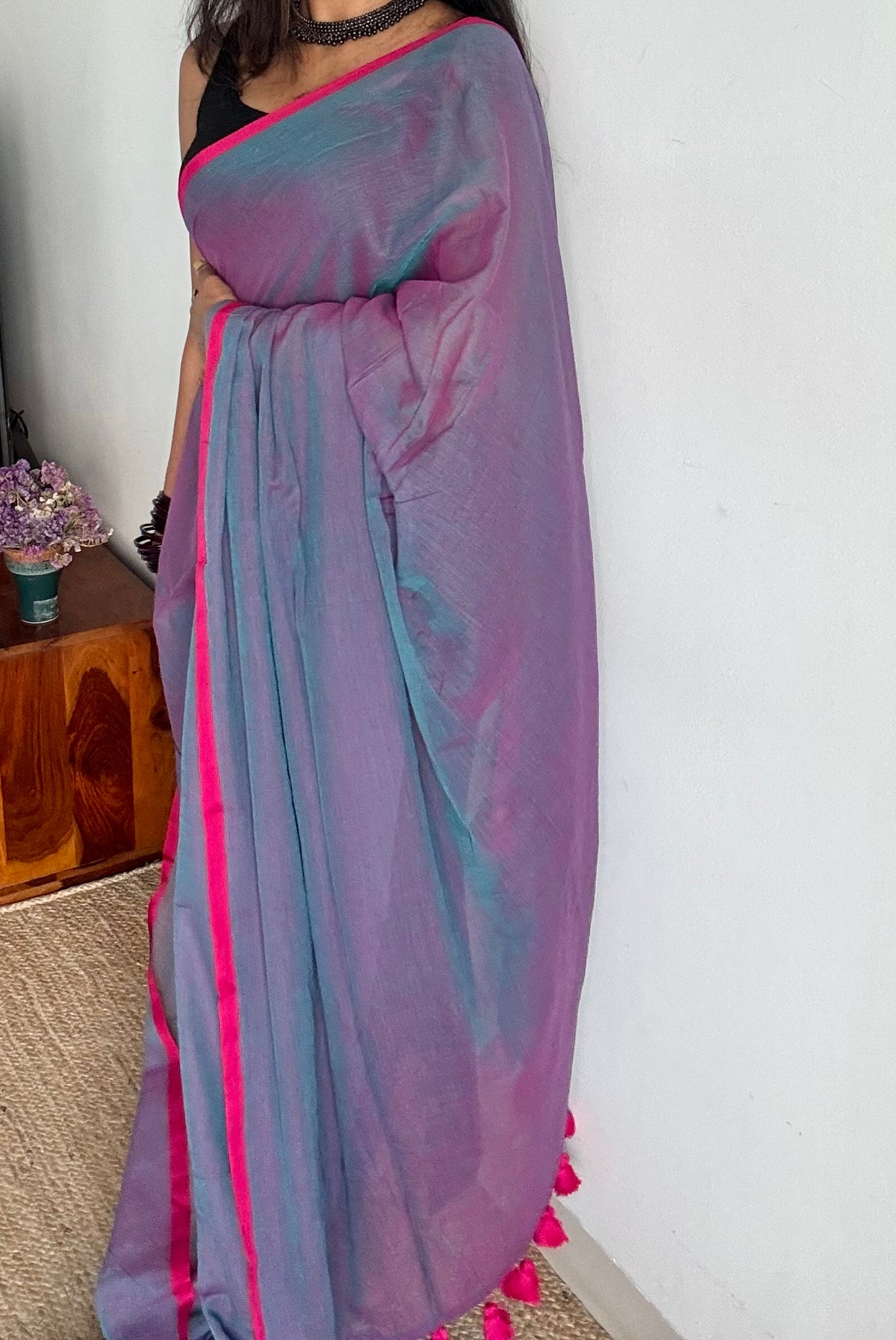 Dark lilac dual tone with pink and dark pink border mul cotton saree - YCBCMCFE227