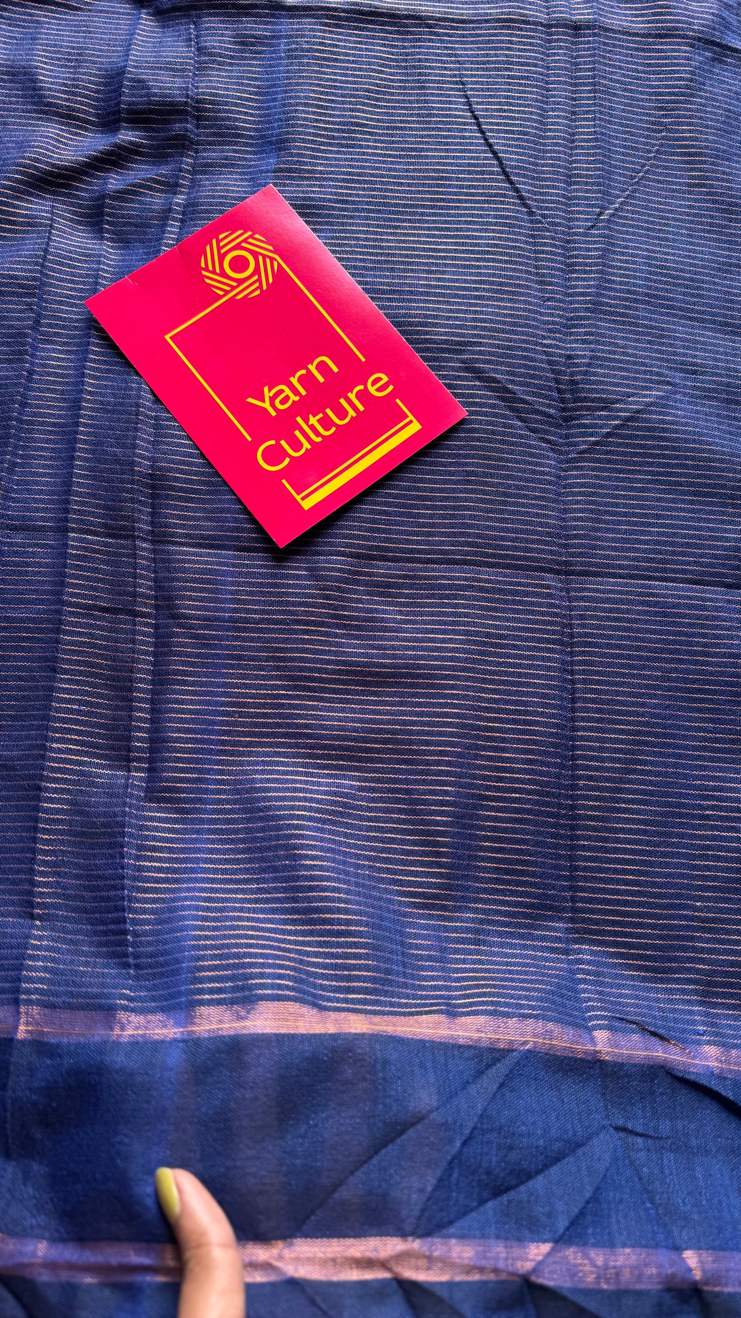 Dark indigo blue, gap border, antique gold zari stripes, soft cotton - YCBCKCZDE122