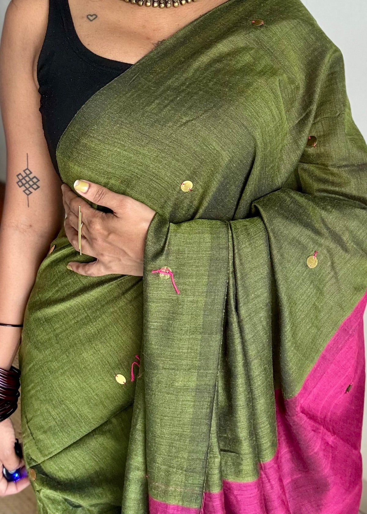 Olive green with ruby contrast pallu, gini sequins, soft cotton saree - YCBCSCOC07
