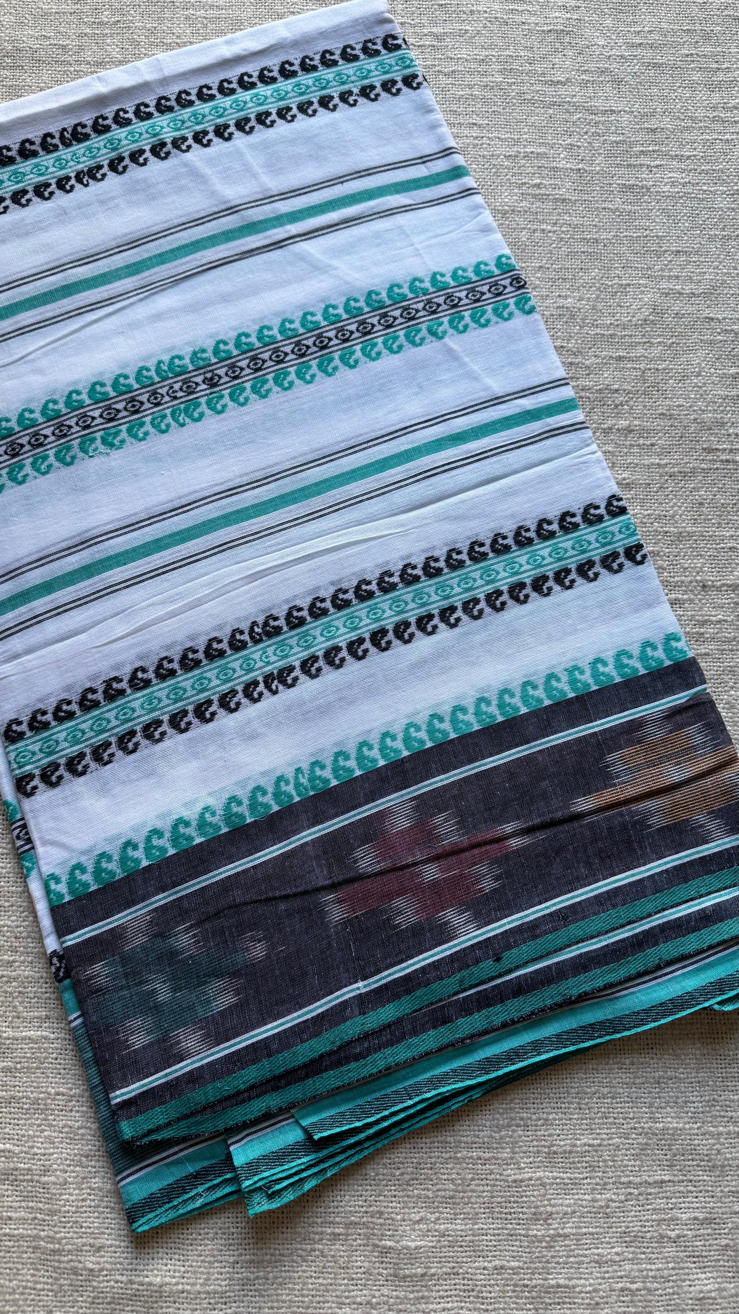Dhonekhali handloom soft cotton saree, white with turquoise and black woven stripes, Ikkat border- YCBCDFE247