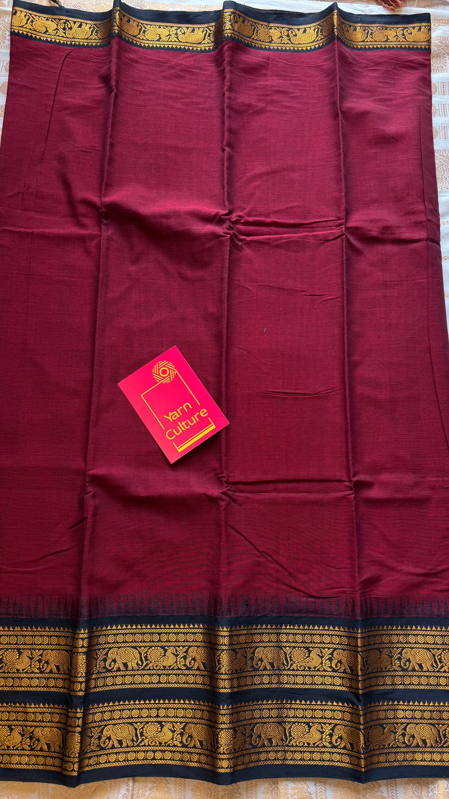 Kanchi cotton saree, dark red with black wide zari border - YCCOTNMA263
