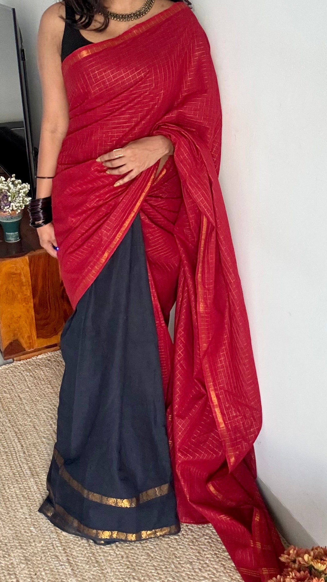 Agnika (அக்னிகா): deep red with black, sungudi cotton - YCENOID15