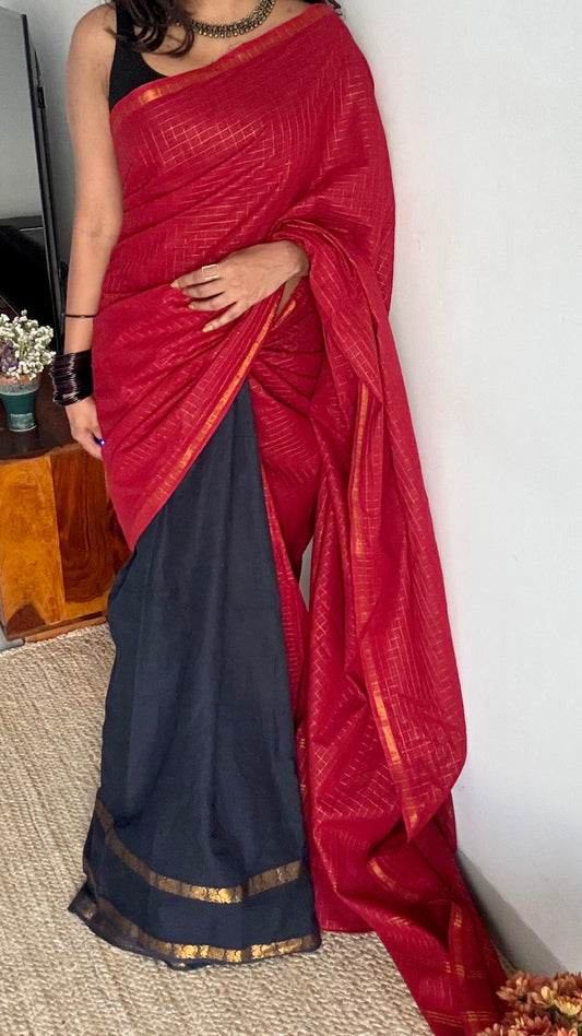 Agnika (அக்னிகா): deep red with black, sungudi cotton - YCENOID15