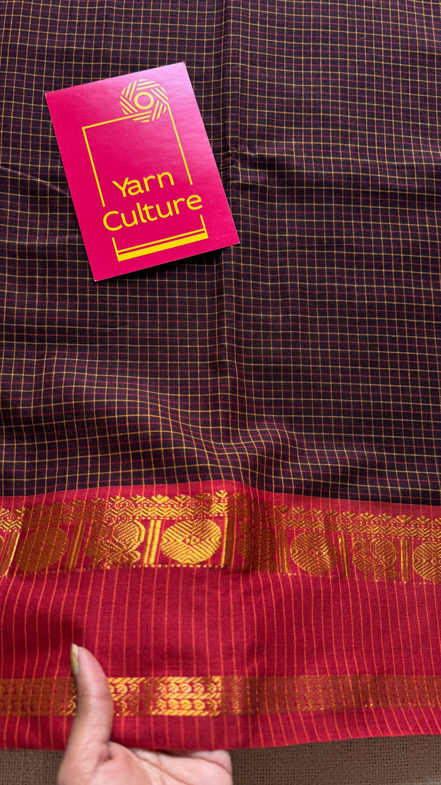 Brown checks with green and red ganga jamuna borders, premium narayanpet soft cotton - YCWOTDNPJA155