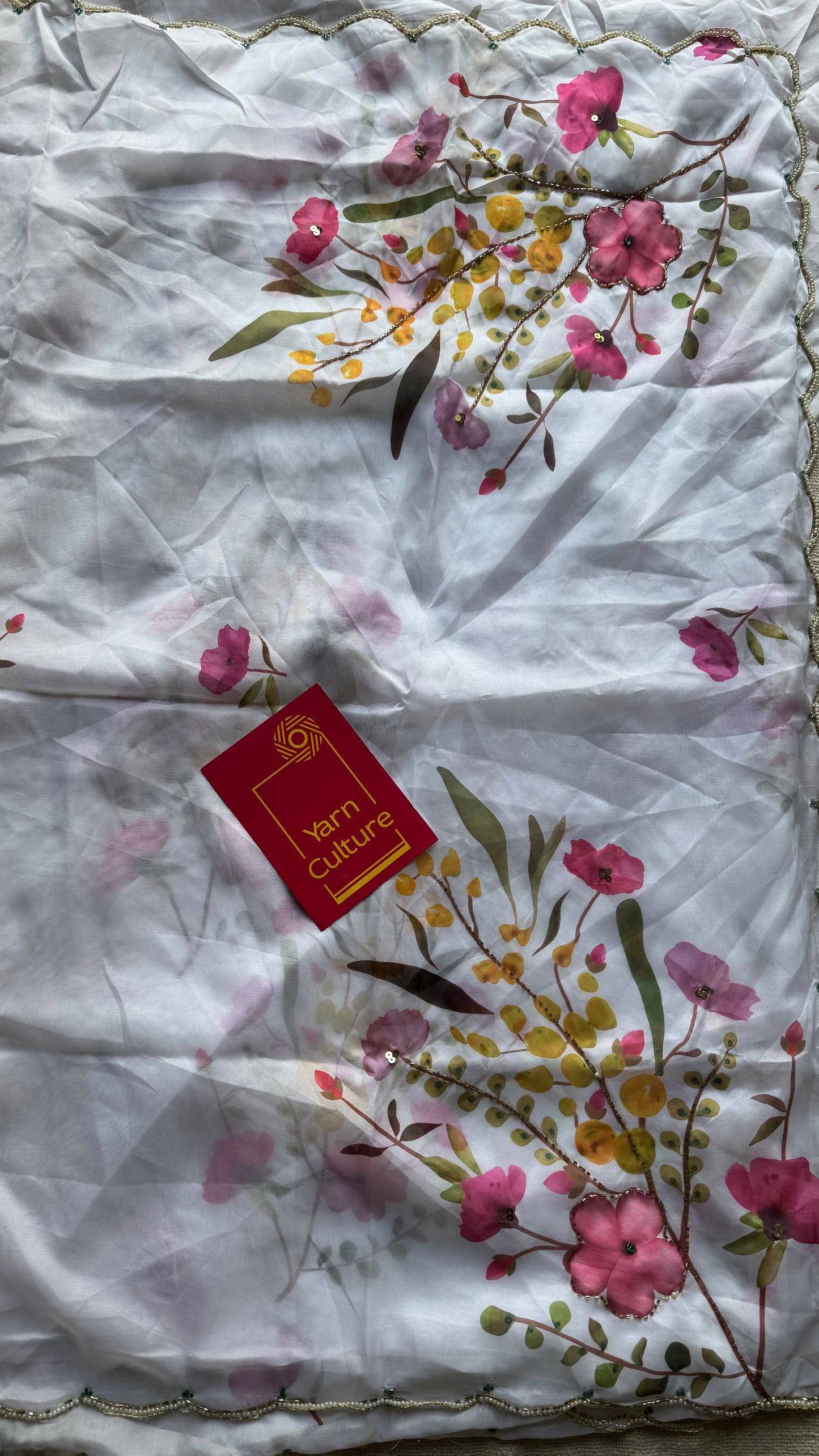 Snow Blossom - white floral handworked sequins work, tabby silk - YCDOSNO51