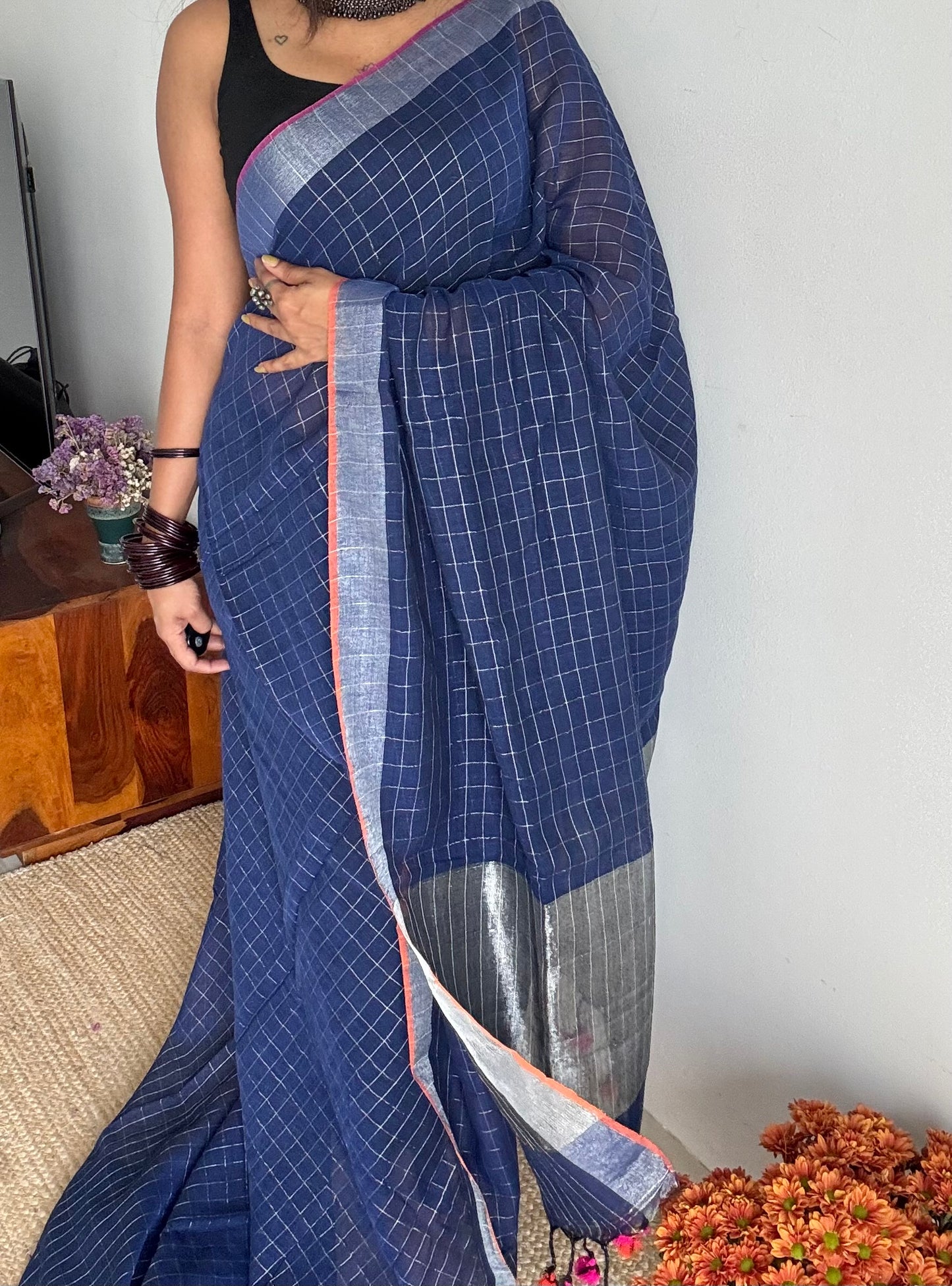 Navy blue linen by cotton saree, silver checks & zari pallu - YCBCLCFE392