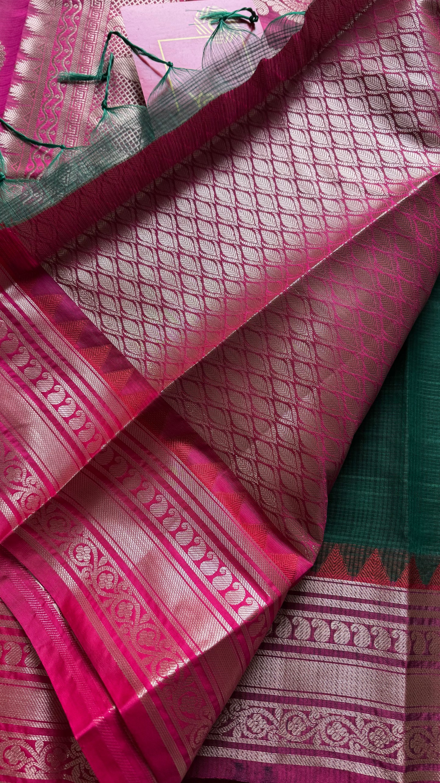 Dark green kota doria saree with red and magenta contrast zari borders - YCFWKFE89