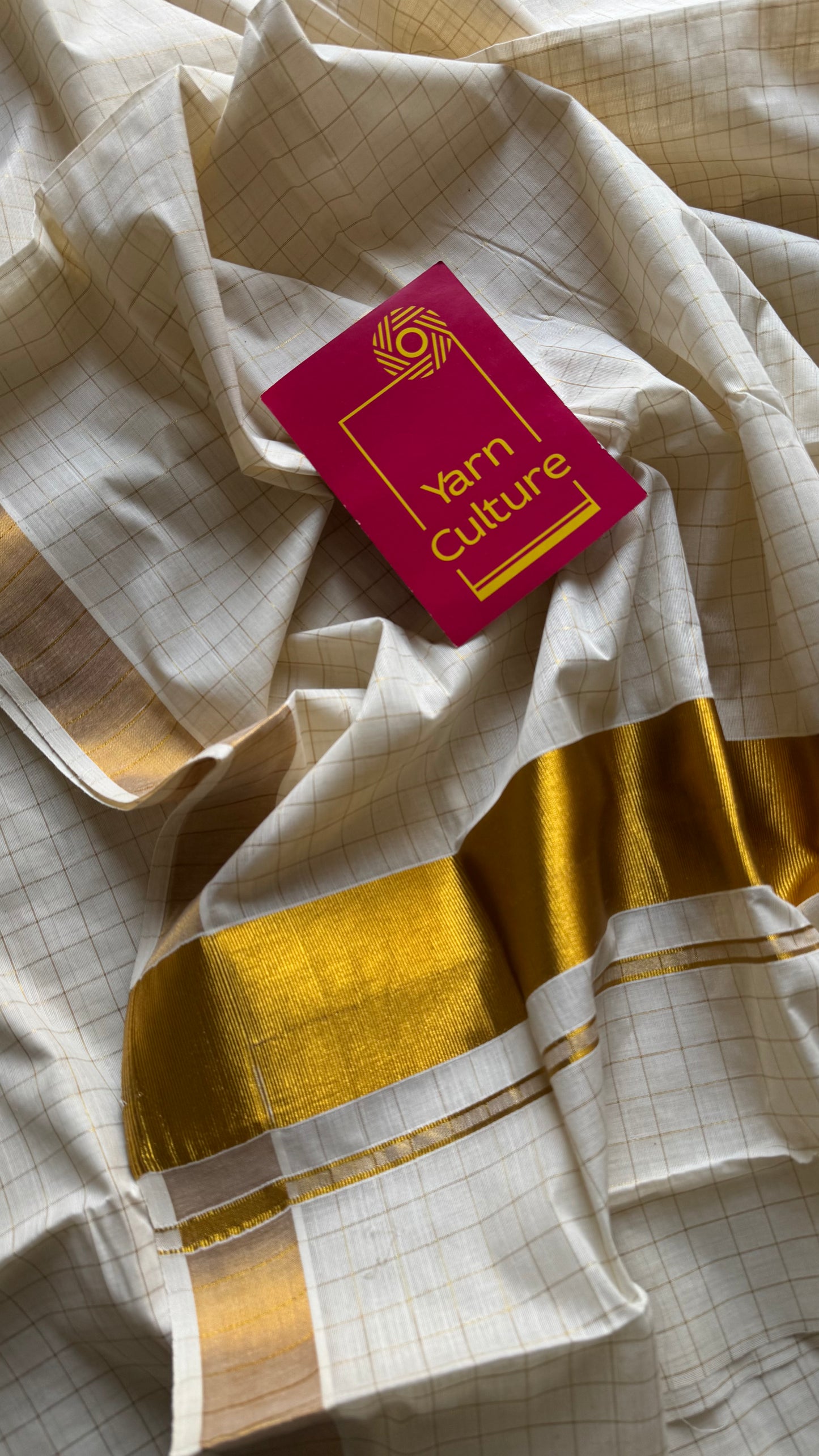 Ivory Kerala cotton saree with gold checks - YCIEKCFE318