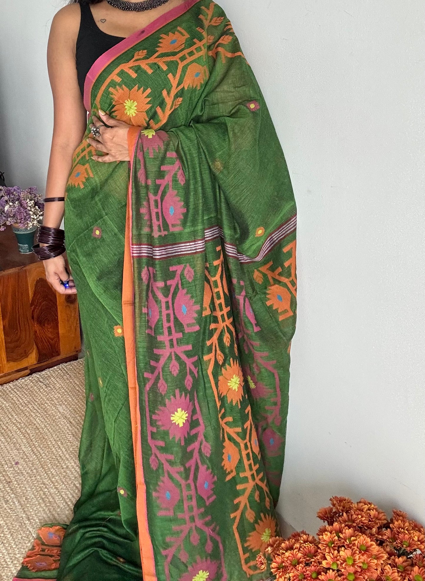 Green with pink and orange jamdani saree in mul cotton - YCBCJDFE383