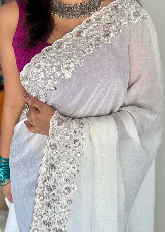 White Whimsy - white with floral sequins embroidered borders, semi-crepe- YCDOSNO48