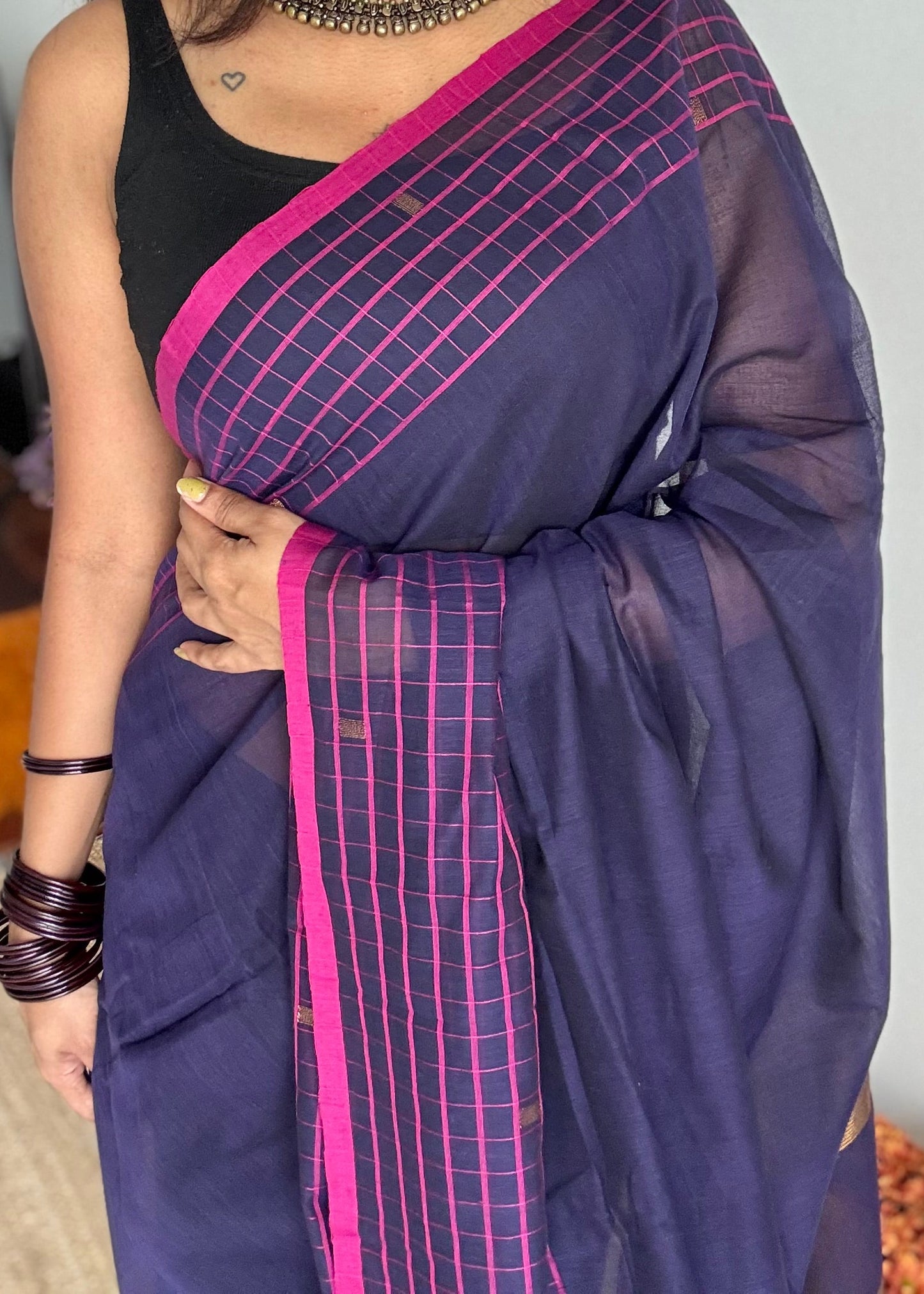 Navy handloom mul saree with hot pink checkered borders and antique gold buttas - YCBCMCFE386