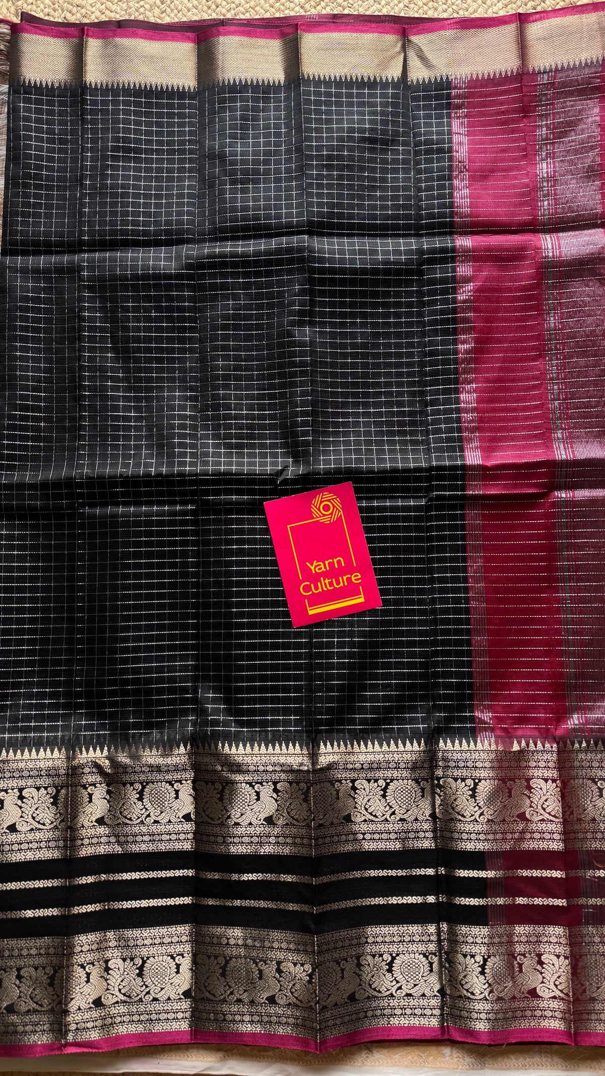 Black with dark pink silver zari checks, silver and gold peacock woven zari border, mangalgiri silk cotton, handwoven, soft, light weight - YCWOTDMSCOC123