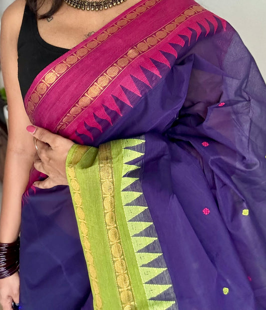 Kanchi cotton saree, royal blue with magenta and lime green dual border - YCCOTNAP97