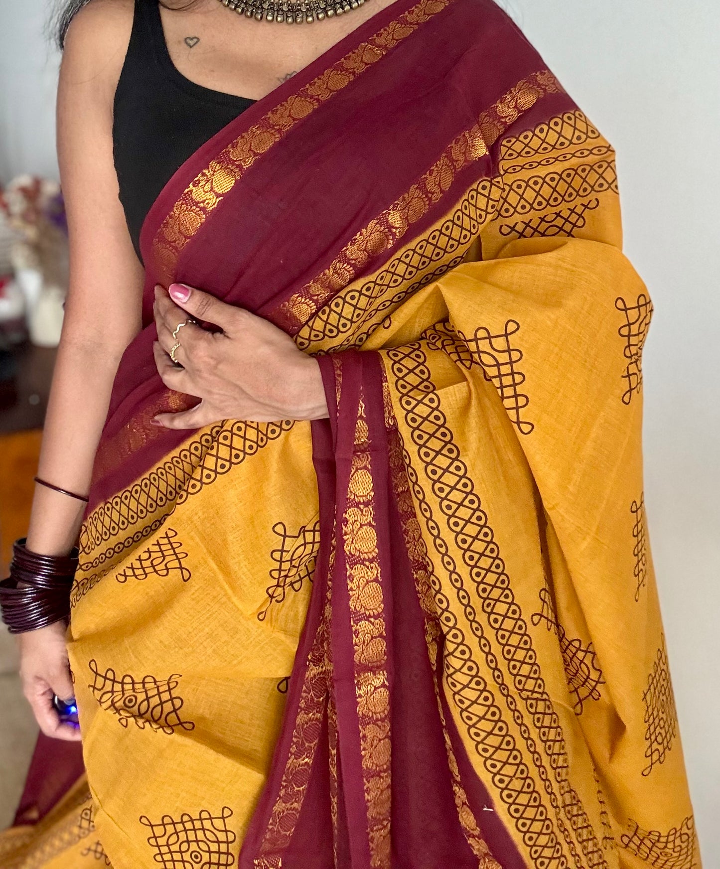 Turmeric yellow with maroon, kolam print, rettaipettu peacock double border, madurai soft cotton - YCCOTNMSAP202