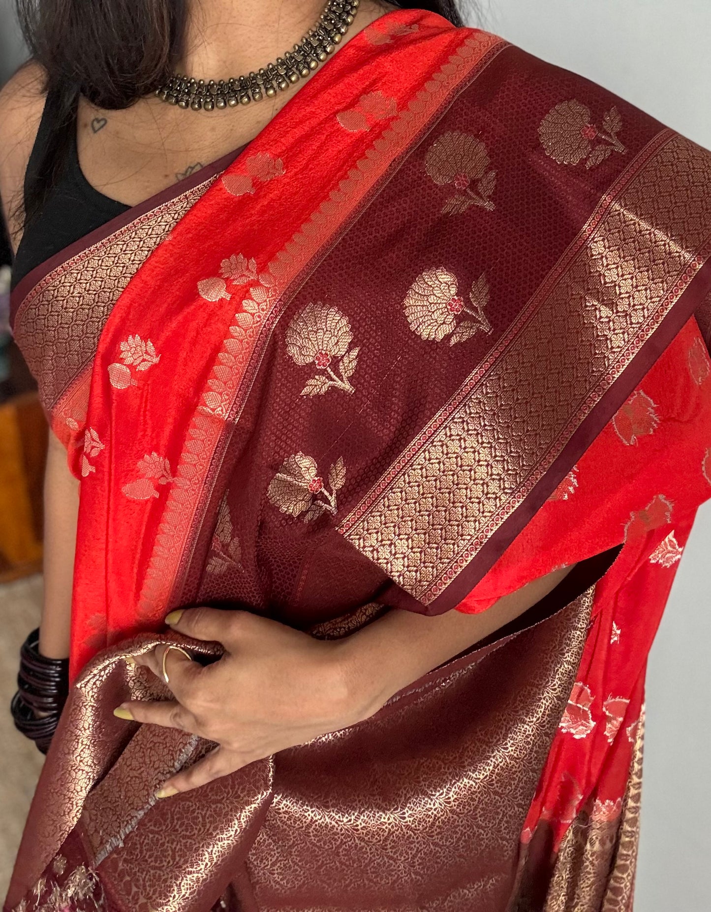 Dark orange with coffee brown border, semi dupion silk - YCBLSSJA24