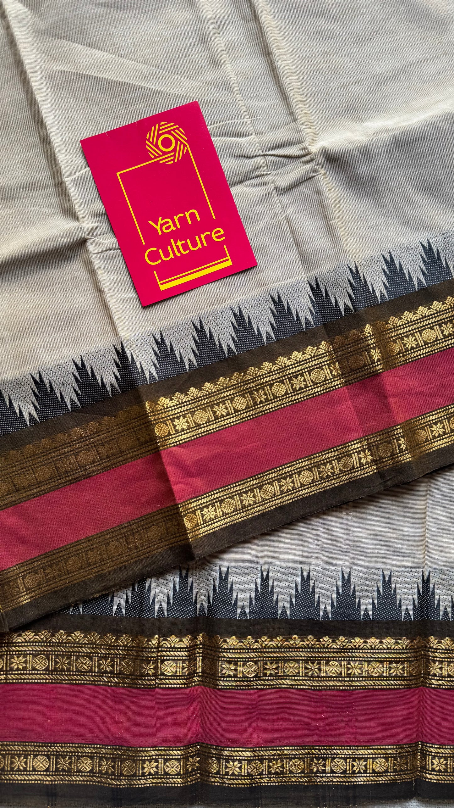 Cream with light red Kanchi cotton saree with rettaipettu double border - YCCOTNCCFE71