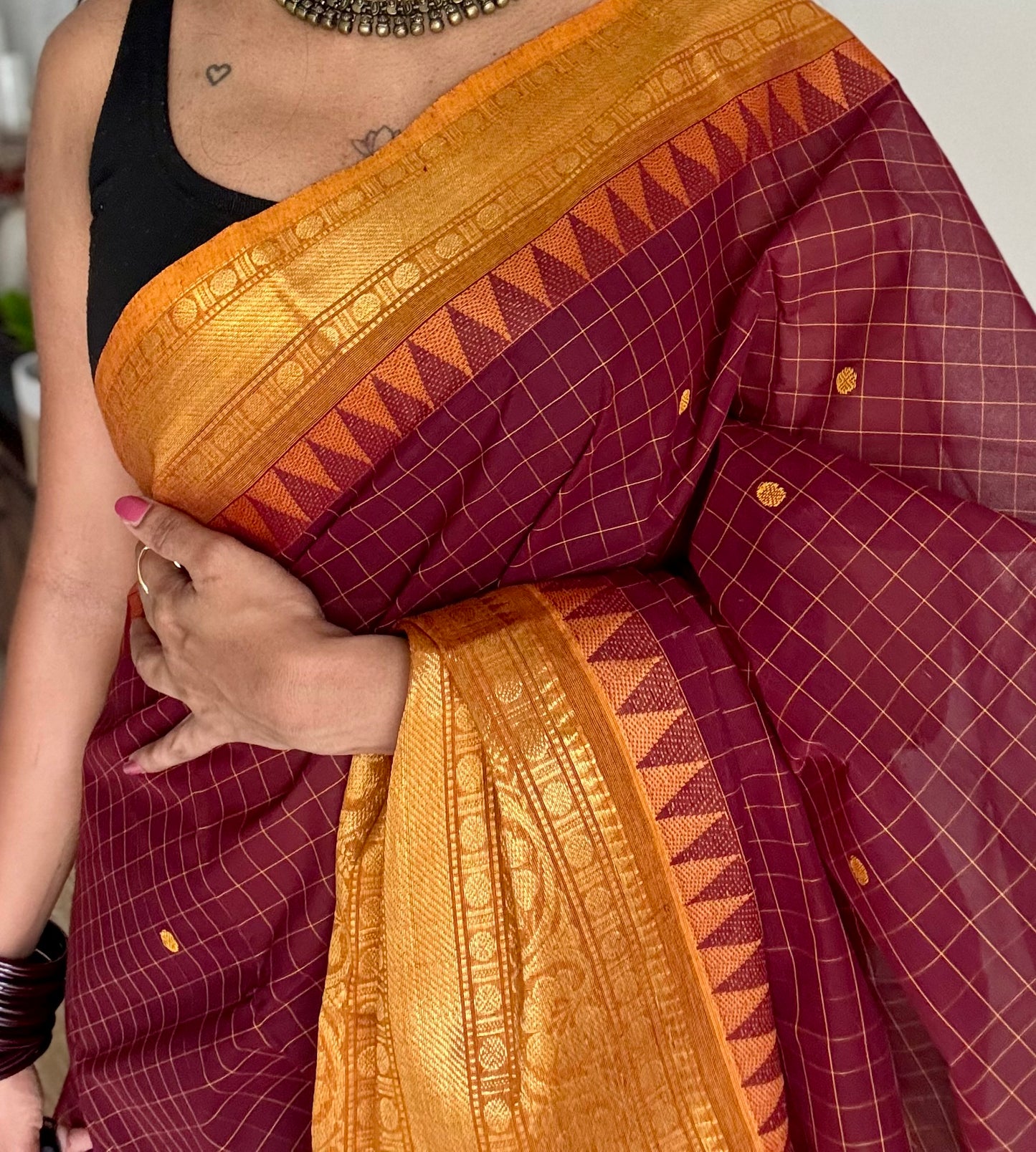 Kanchi cotton saree, maroon checks with yellow temple motif border - YCCOTNAP79