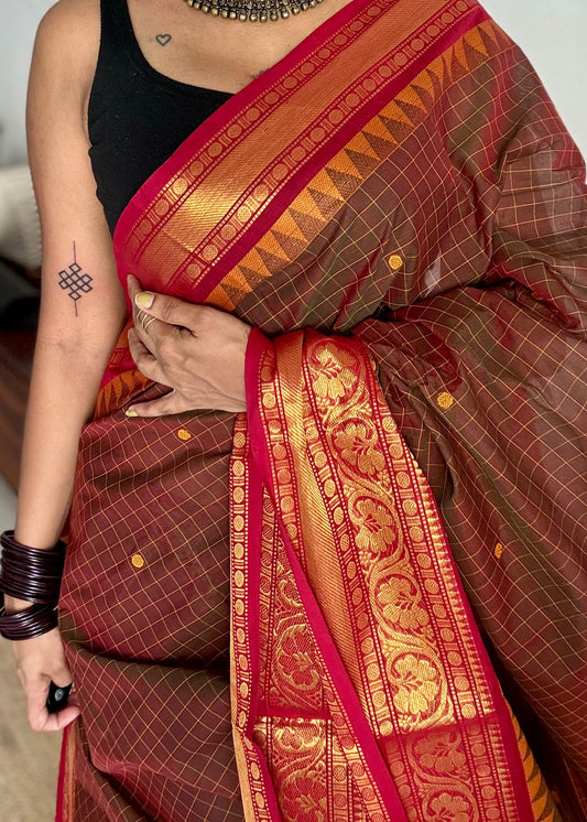 Brownish green with red contrast, checkered kanchi cotton saree - YCCOTNJU22