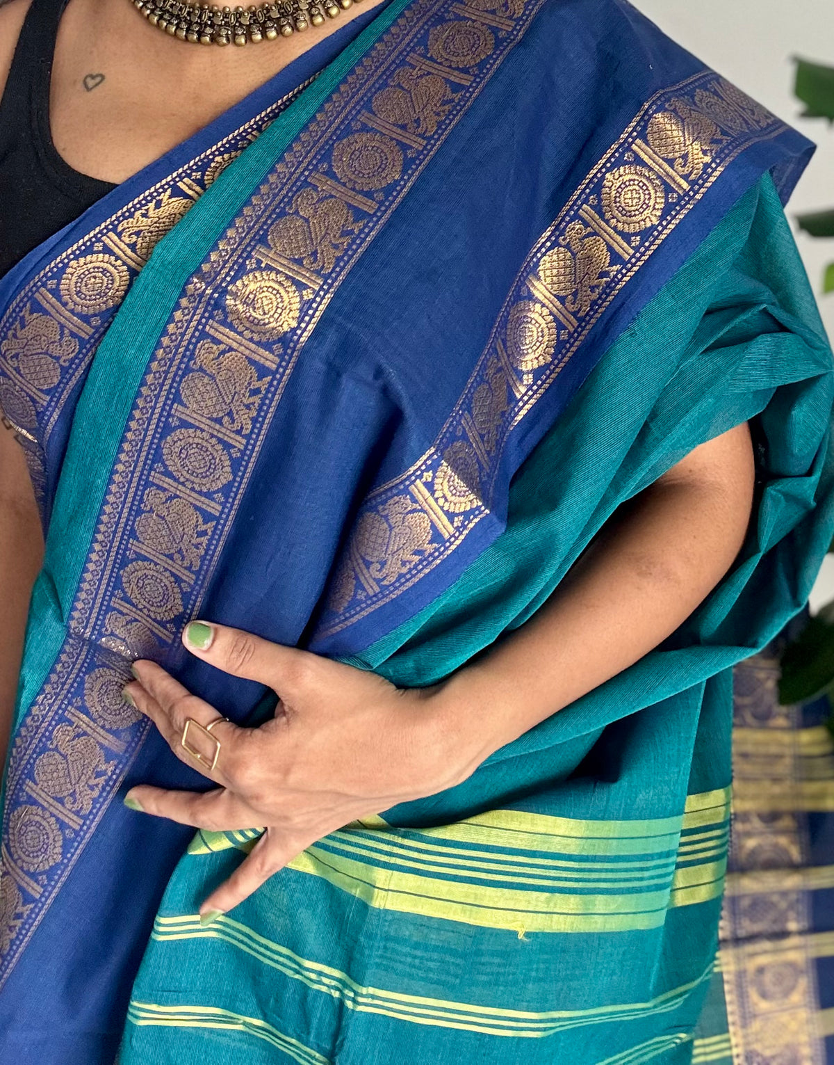 Peacock blue with blue rettaipet double zari border, kanchi cotton saree - YCCOTNCCOC112