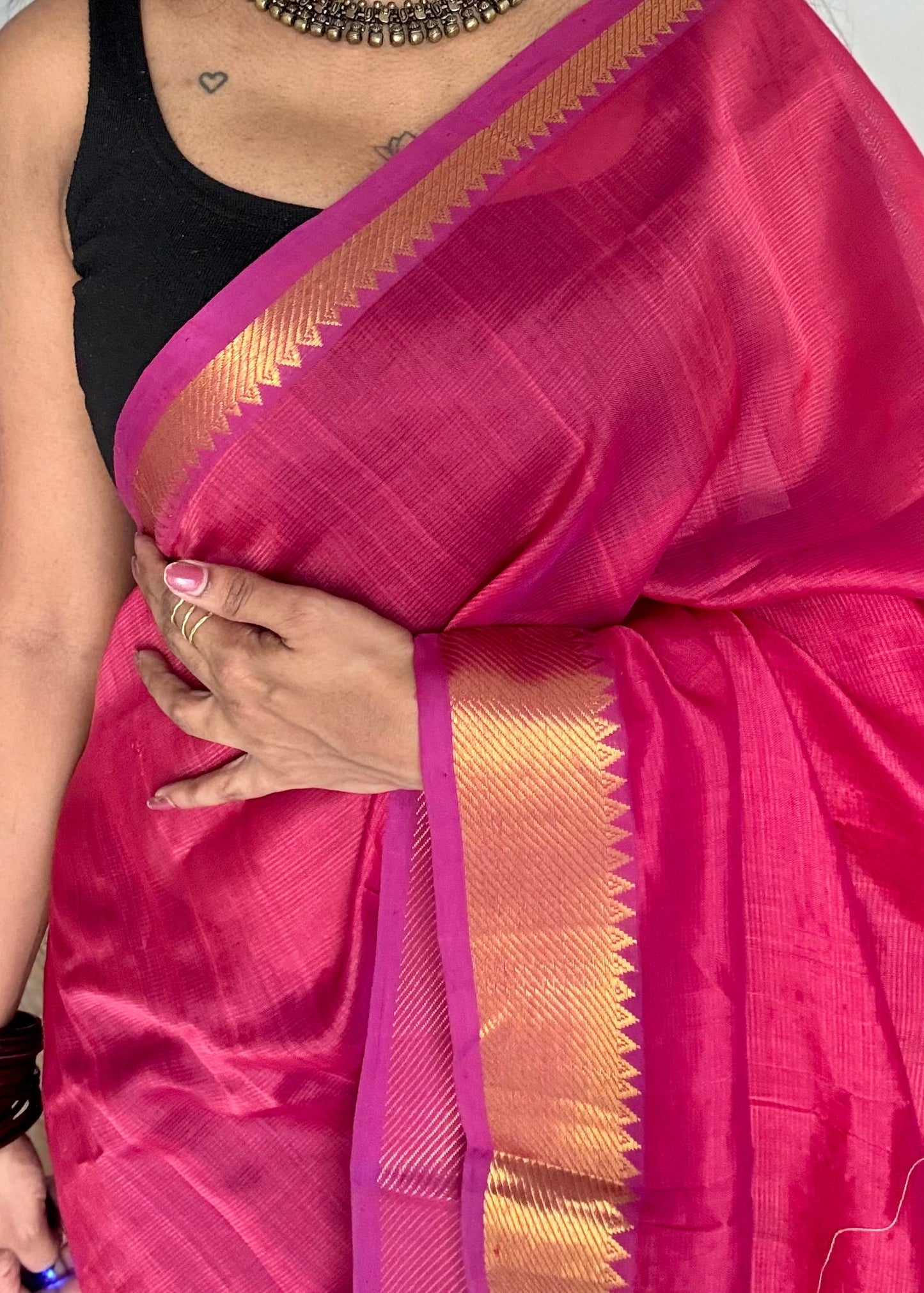 Plain hot pink dual tone with gold zari border, mangalgiri silk cotton, handwoven, soft, light weight - YCWOTDMSAP224