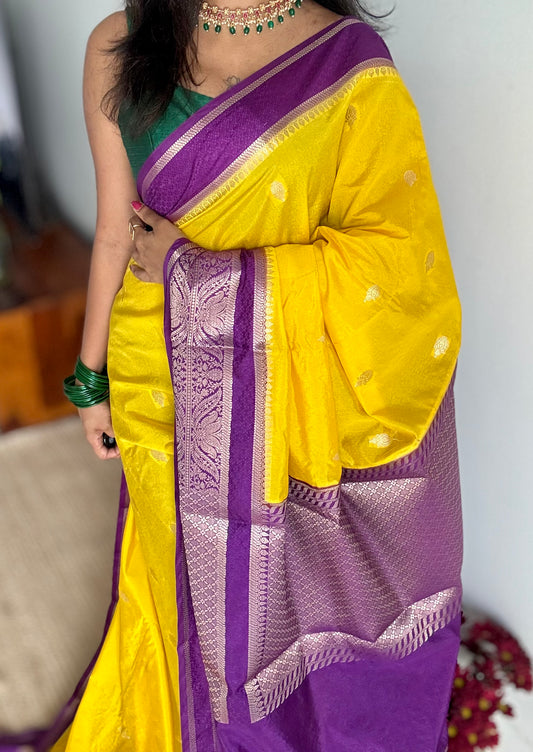 Yellow with purple border, Banarasi semi-silk - YCDESE03