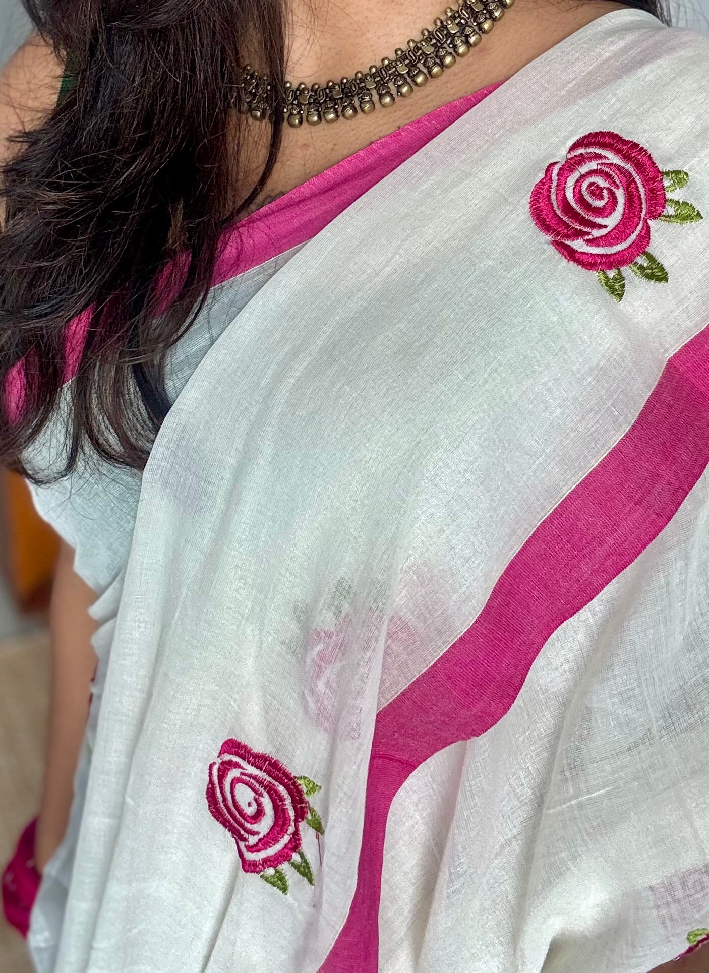 Cream mul with dark pink rose thread embroidery - YCBCMCNO74