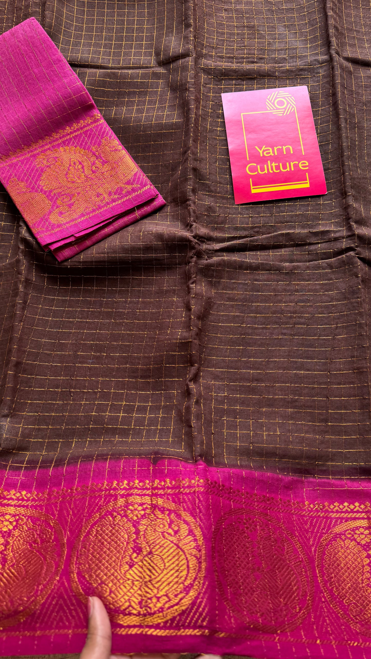 Brown with hot pink contrast zari checkered sungudi, kattuchayam dyed madurai cotton - YCCOTNMSAP170