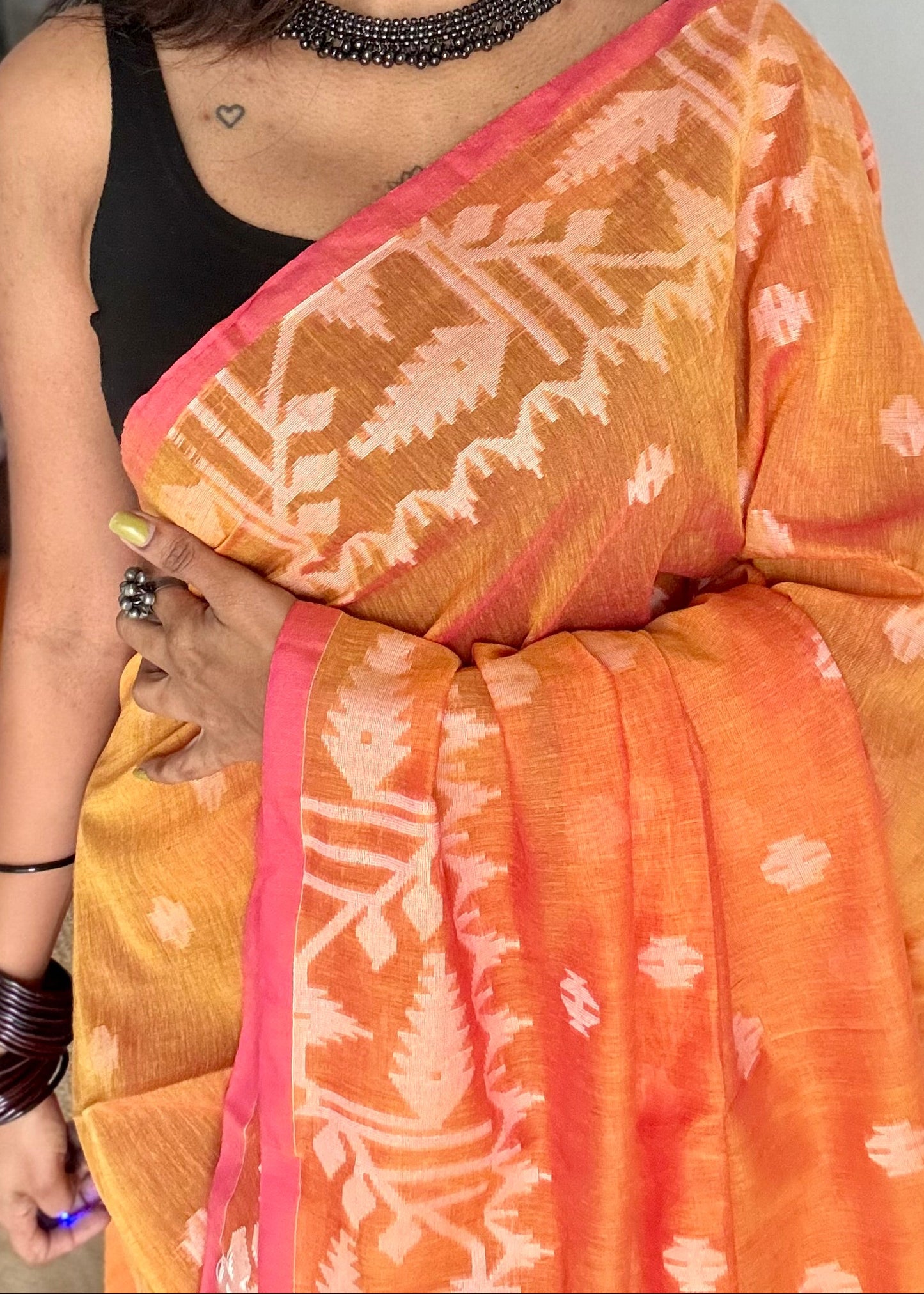 Orange pink double tone jamdani in soft cotton - YCBCKJJA140