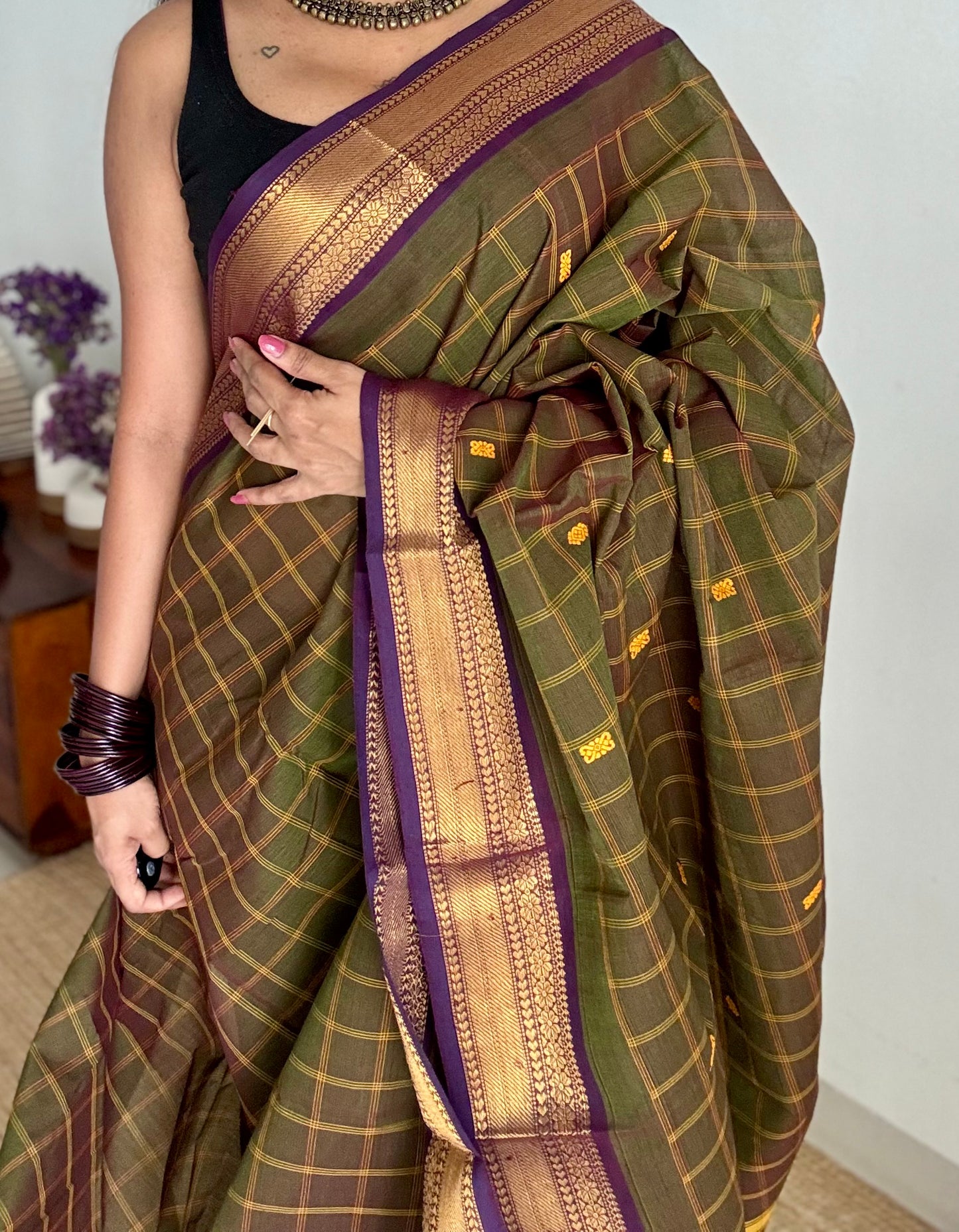 Dark green and purple contrast, checkered Chettinad cotton saree - YCCOTNMA265