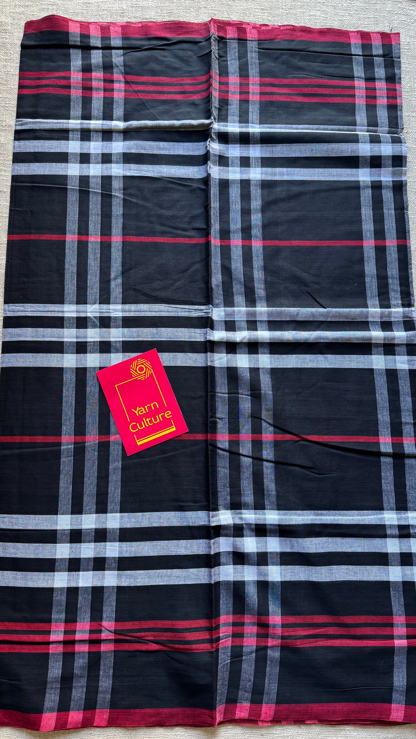 Dhonekhali handloom soft cotton saree, black with white and red big checks - YCBCDFE248