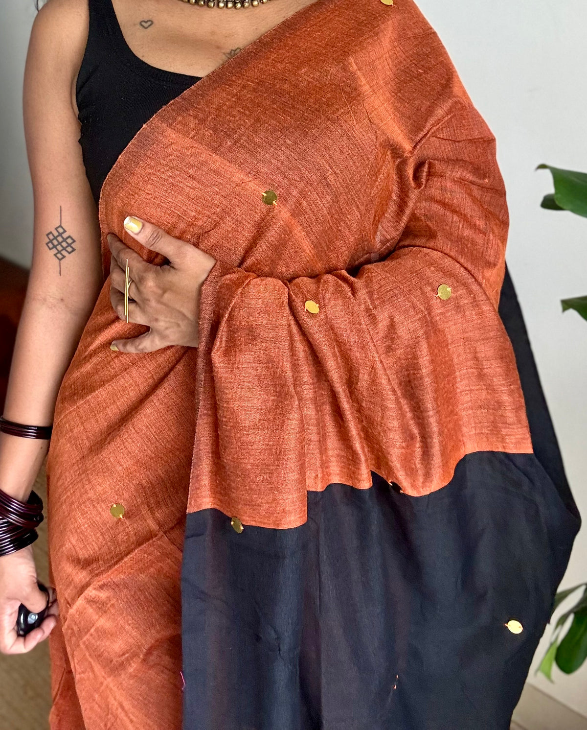 Orange with black contrast pallu, gini sequins, soft cotton saree - YCBCSCOC04