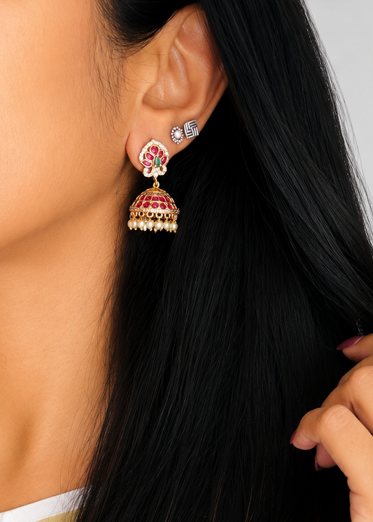 Ruby green pearl drops with white stones jhumka - YCGPER833