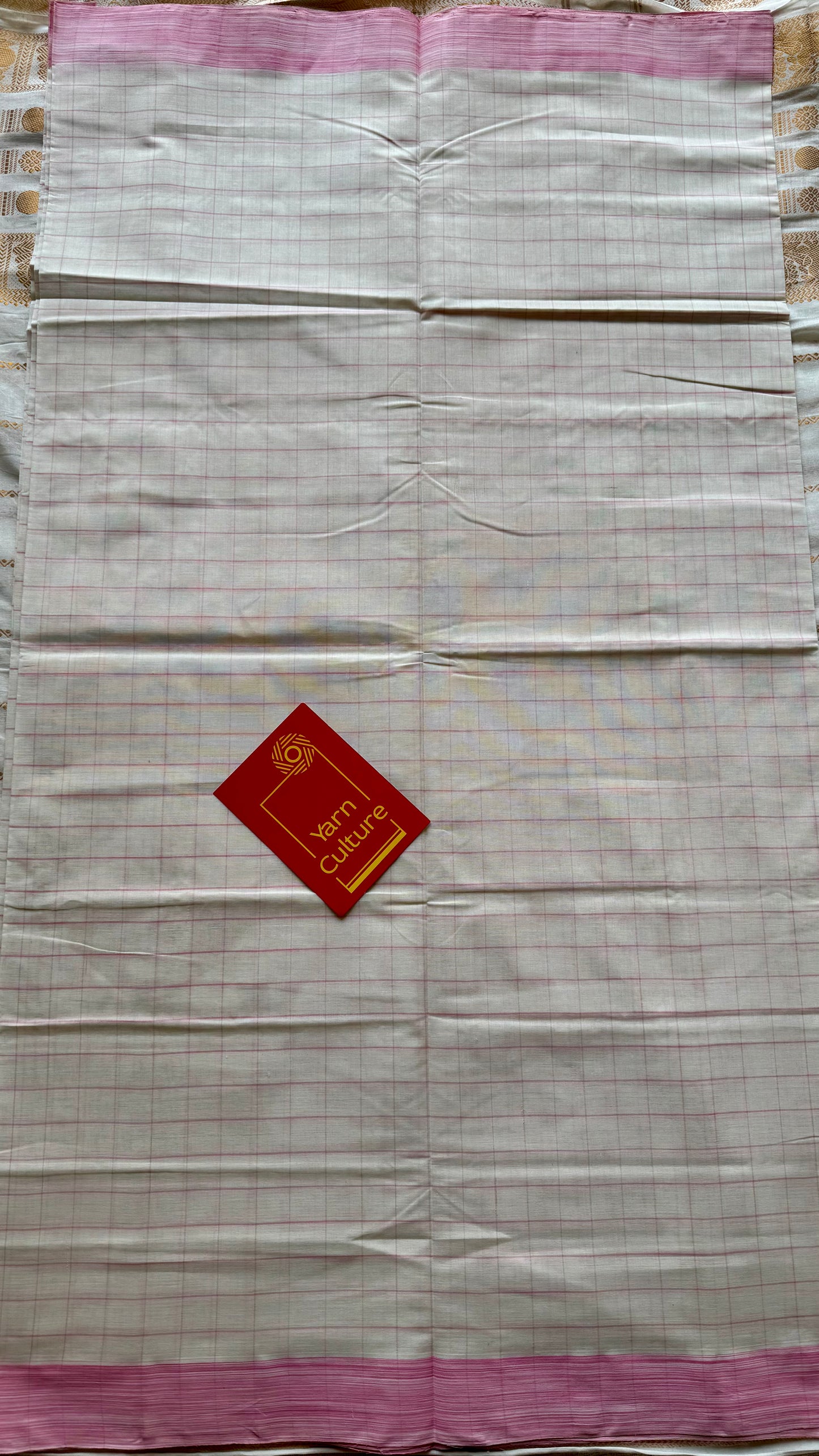 Handloom, woven in Chendamangalam Looms, ivory with pink checks, soft cotton saree - YCIEON150