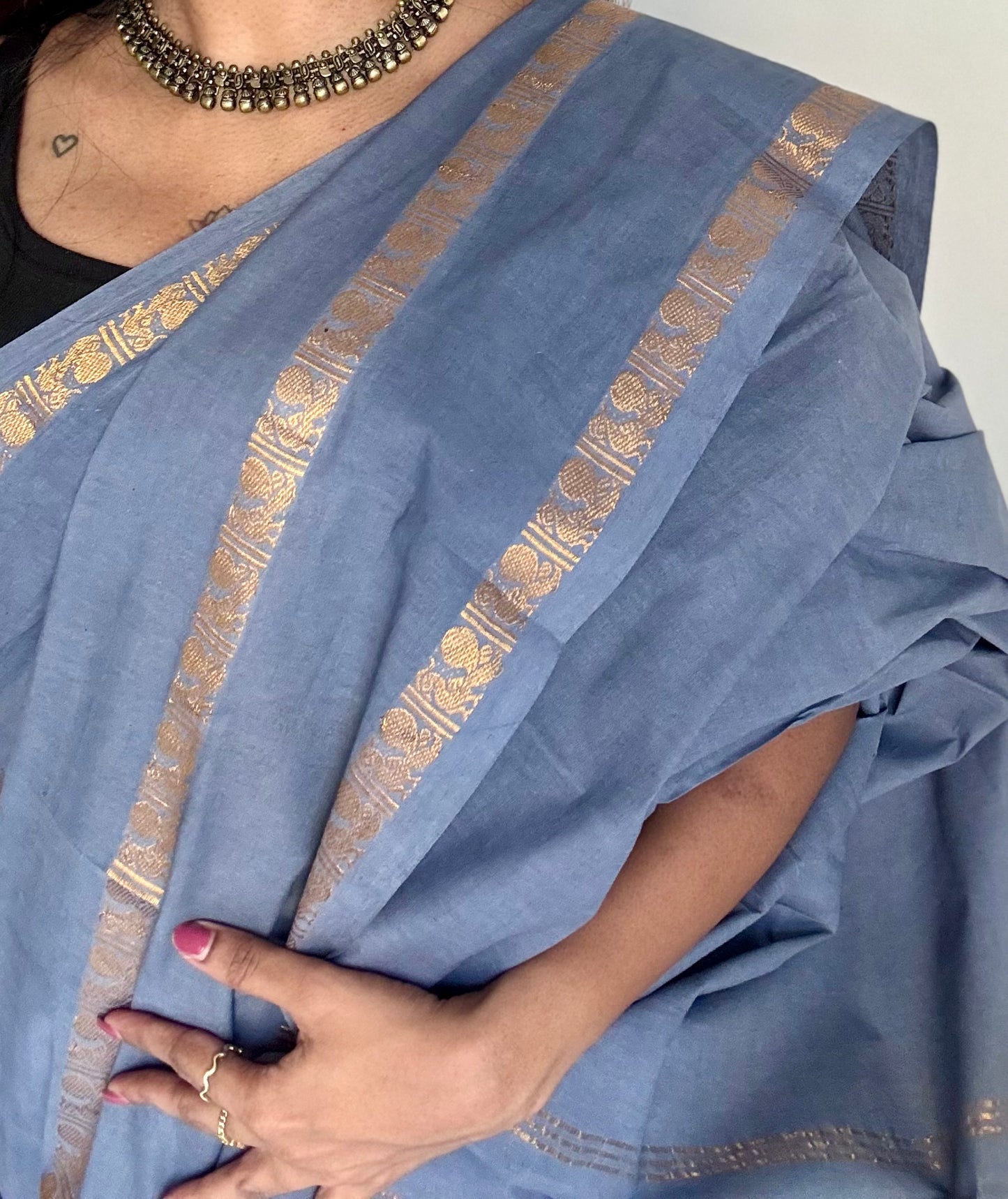 Dark grey rettaipettu peacock gap border, kattuchayam dyed madurai cotton saree  - YCCOTNMSAP95