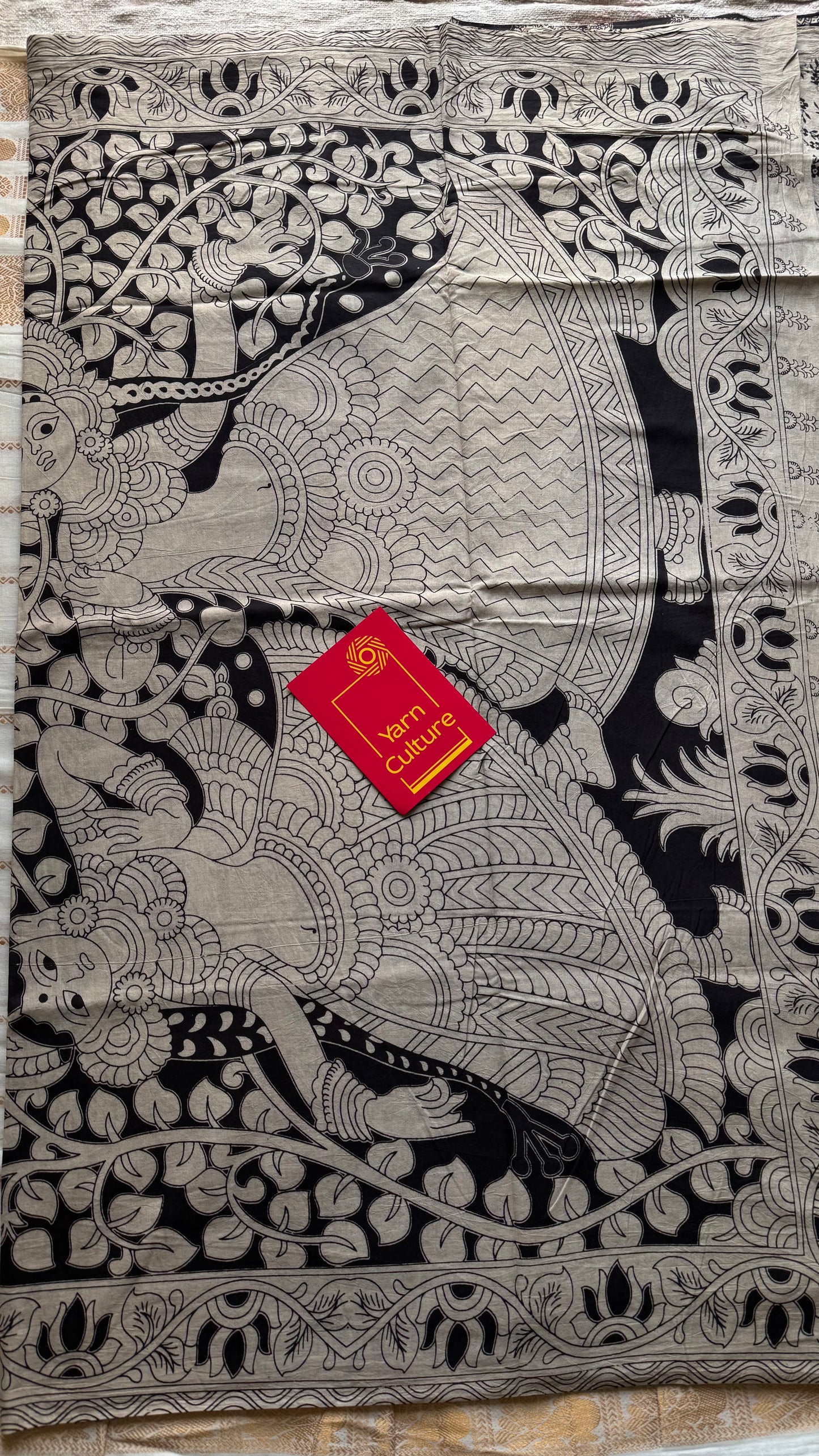 Black kalamkari saree, elephant motifs, soft cotton - YCWOTDMA349