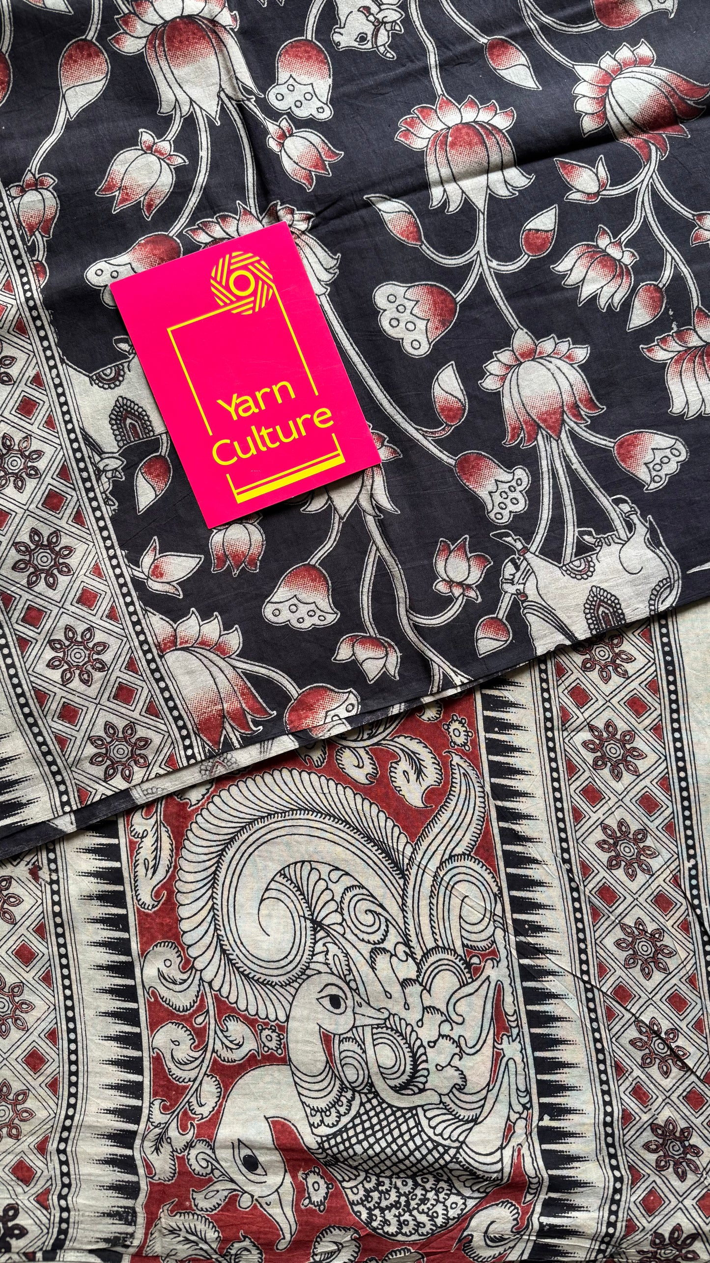 Black with brick red pichwai motif kalamkari, soft cotton - YCWOTDOCMP87