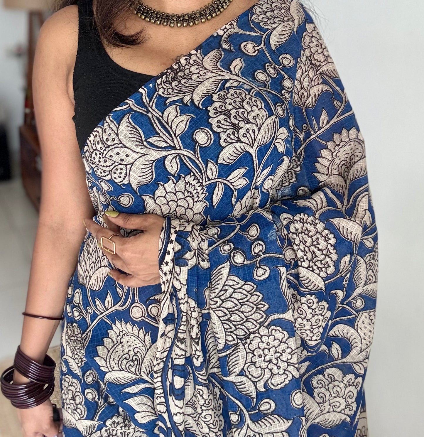 Blue floral kalamkari saree in kota - YCWOTDMA359